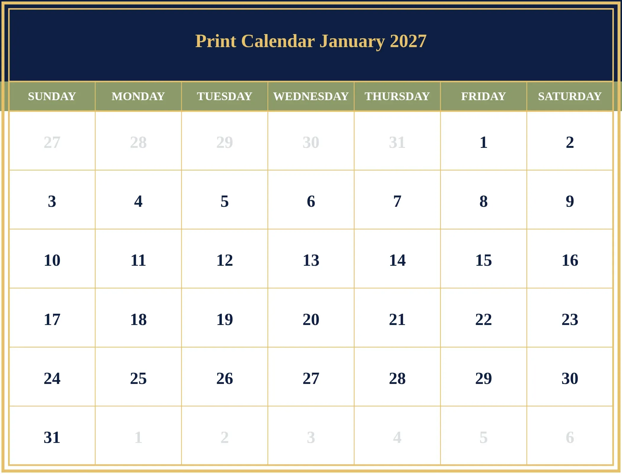 Print Calendar January 2027 Download Landscape