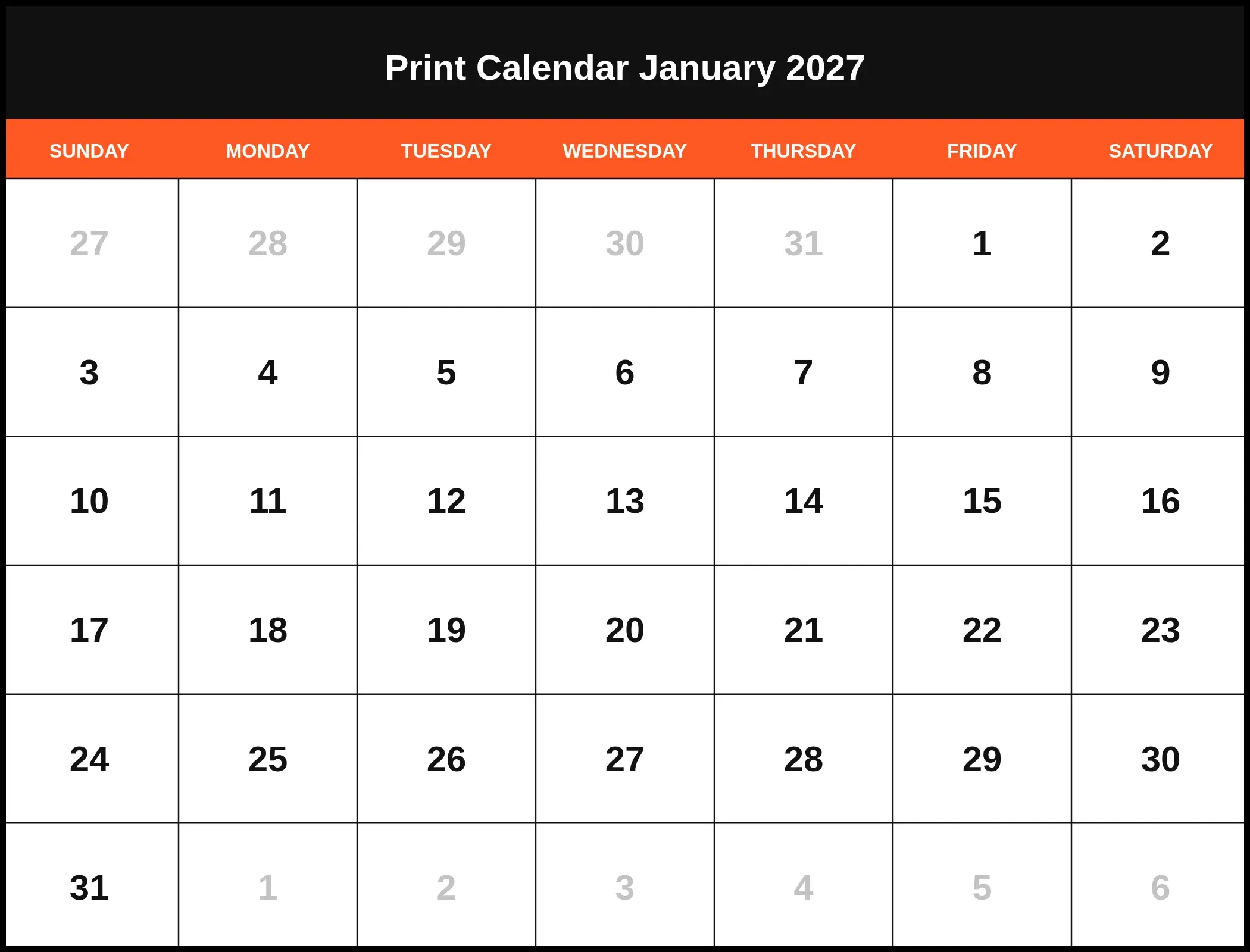 Print Calendar January 2027 Pdf Print Calendar January 2027 Pdf