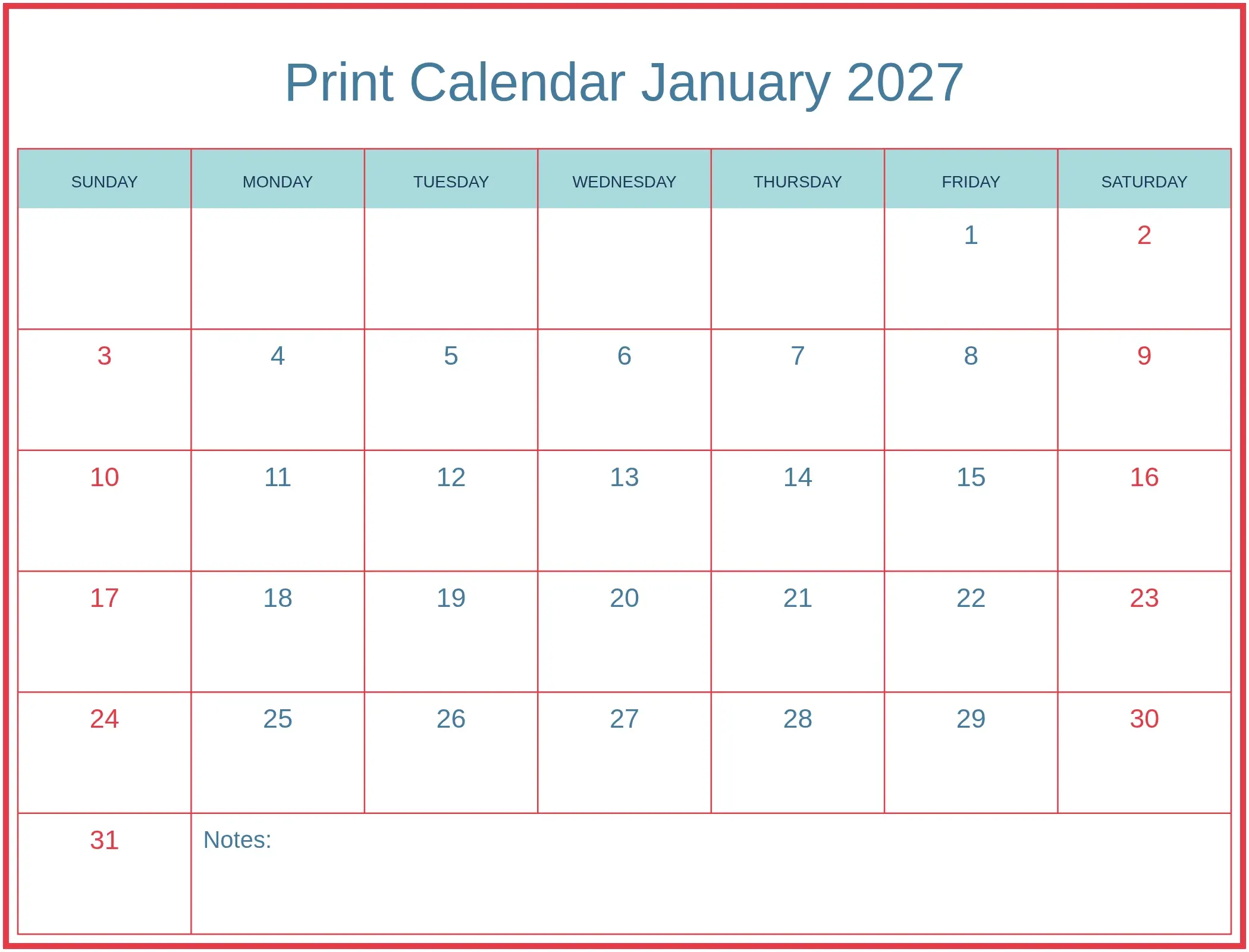Print Calendar January 2027 with Notes Bottom Landscape