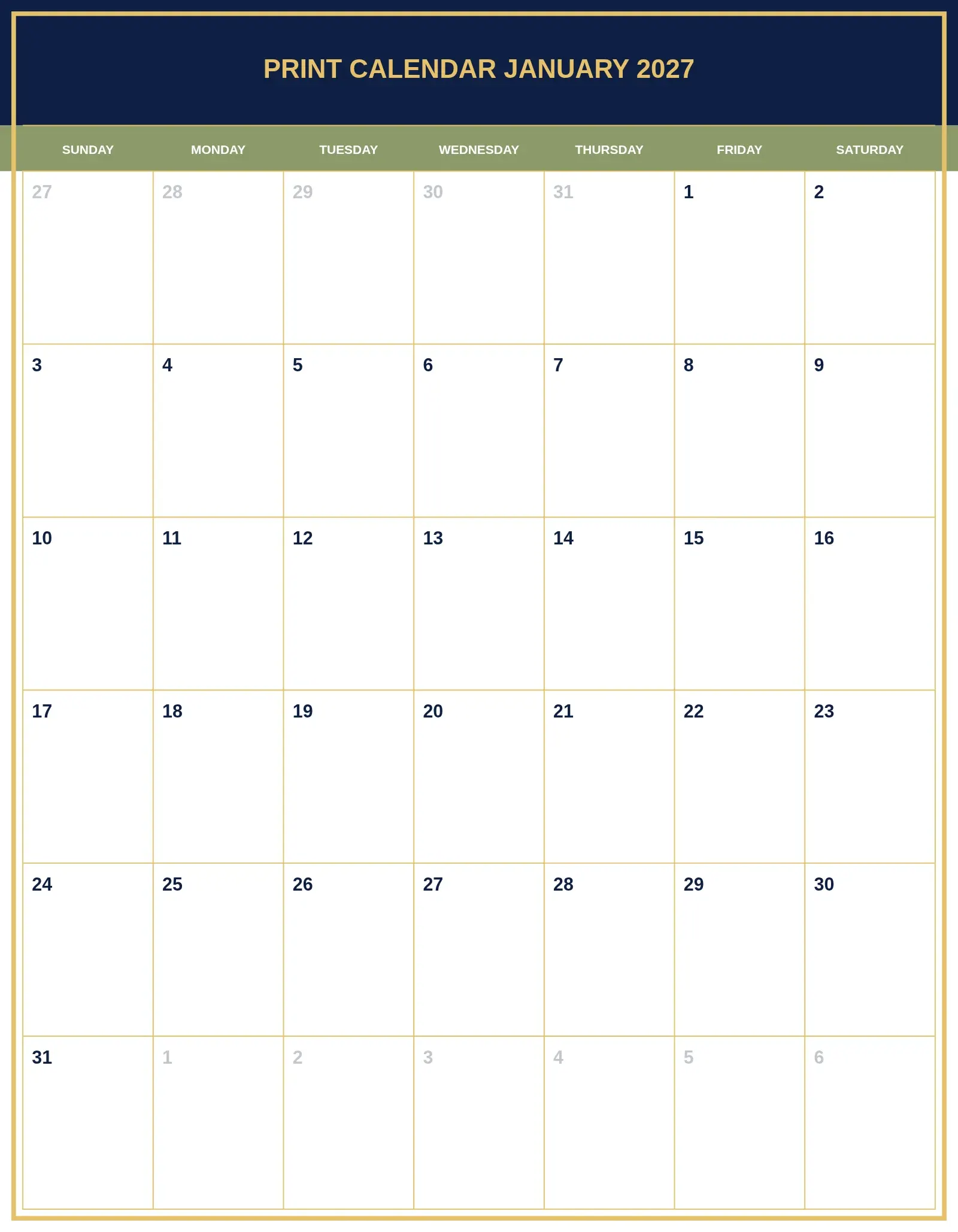 Print Calendar January 2027 With Portrait Template Print Calendar January 2027 With Portrait Template