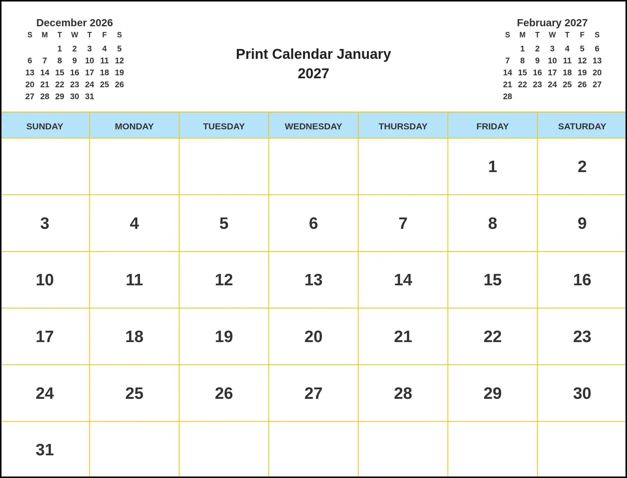 Print Calendar January 2027 With Three Month View Print Calendar January 2027 With Three Month View