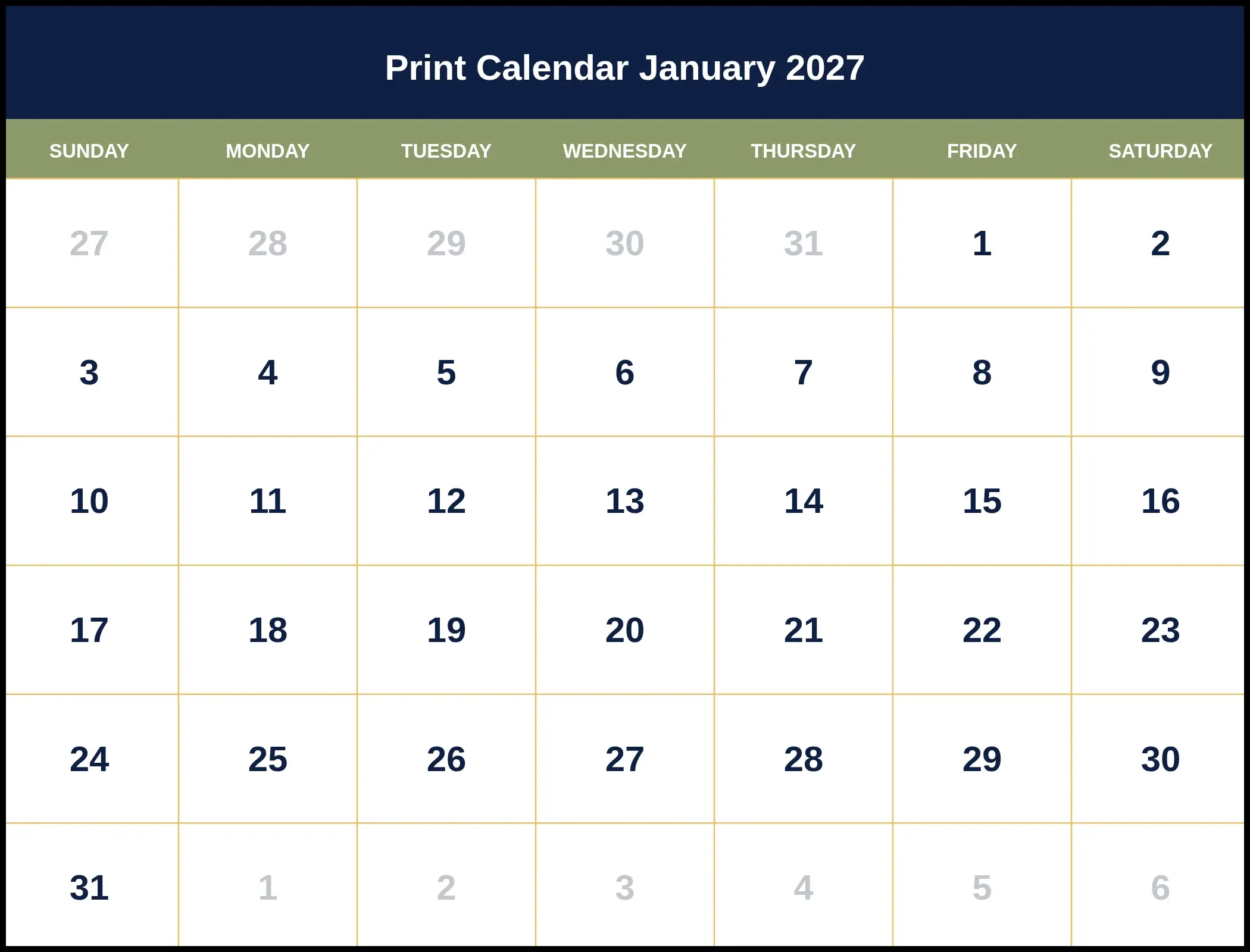 Print Calendar January 2027 Print Calendar January 2027