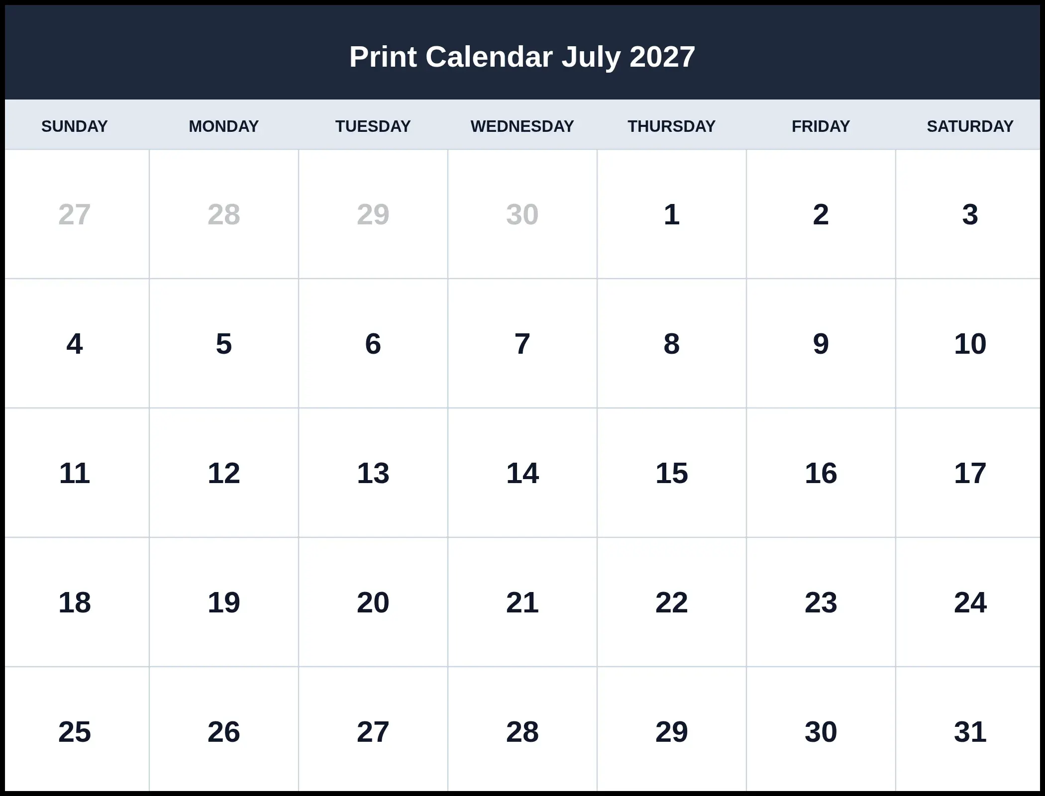 Print Calendar July 2027 Print Calendar July 2027