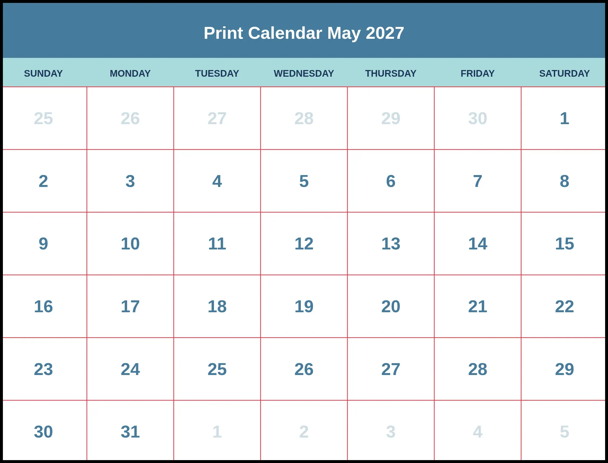 Print Calendar May 2027