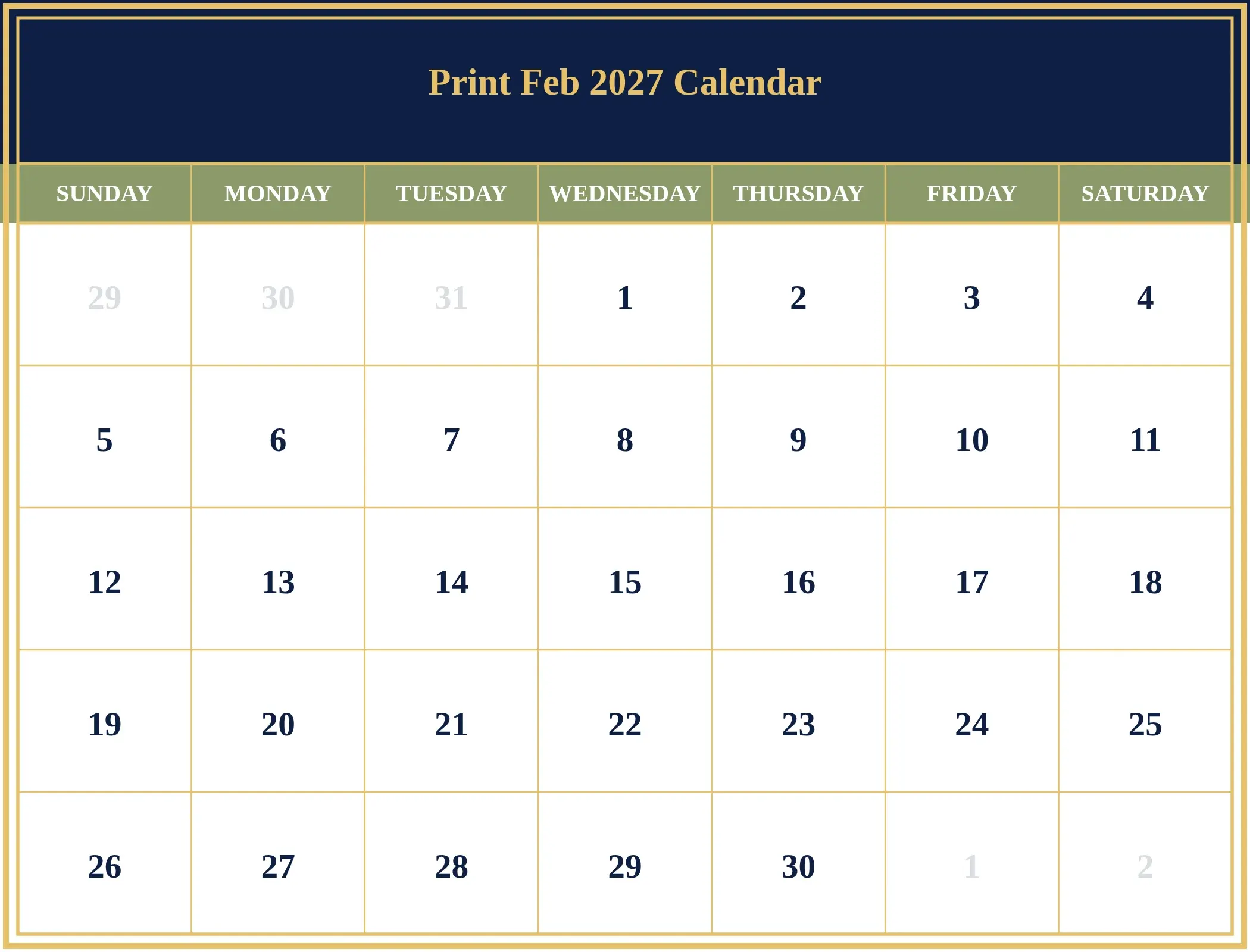 Print Feb 2027 Calendar Download Landscape