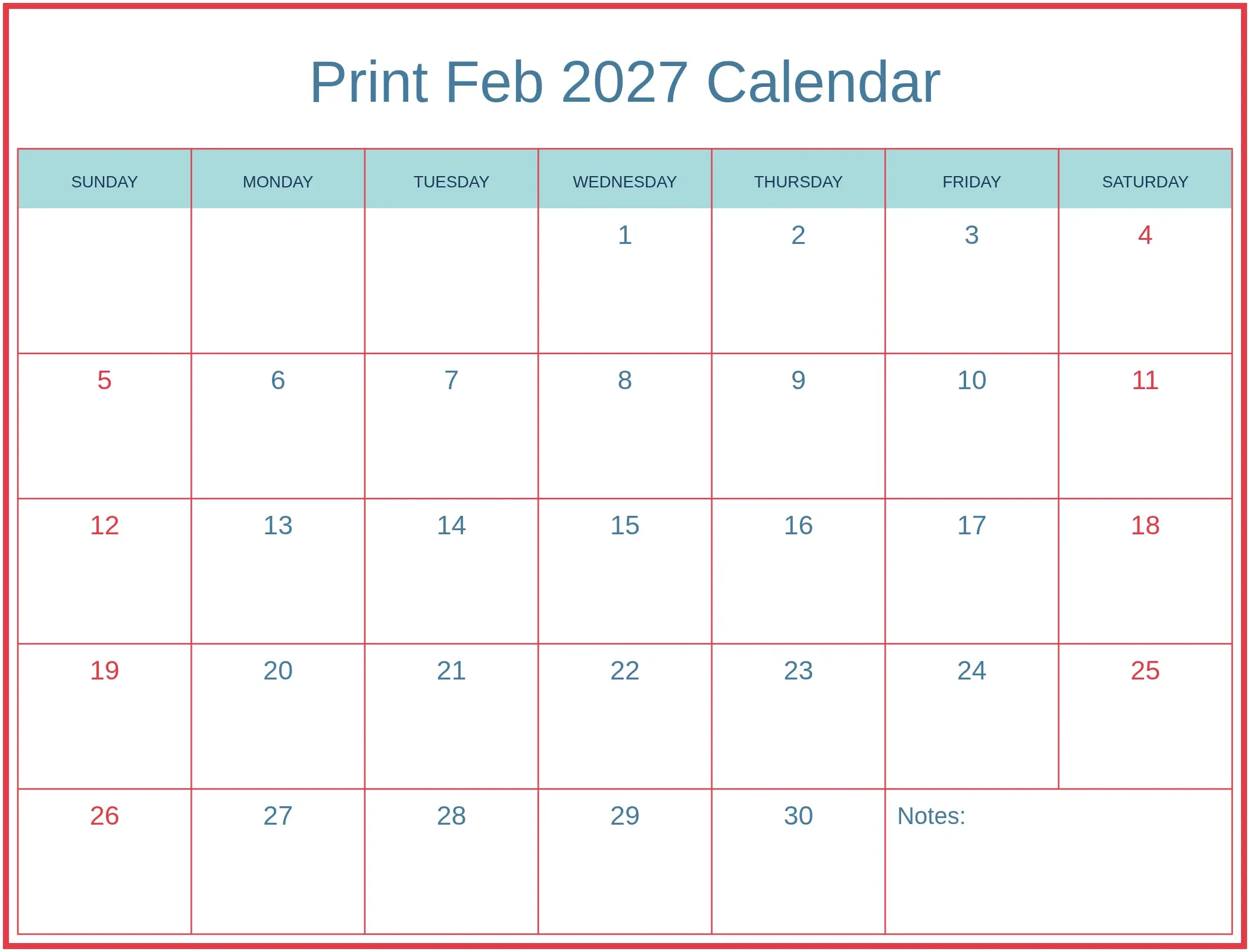 Print Feb 2027 Calendar with Notes Bottom Landscape Print Feb 2027 Calendar with Notes Bottom Landscape