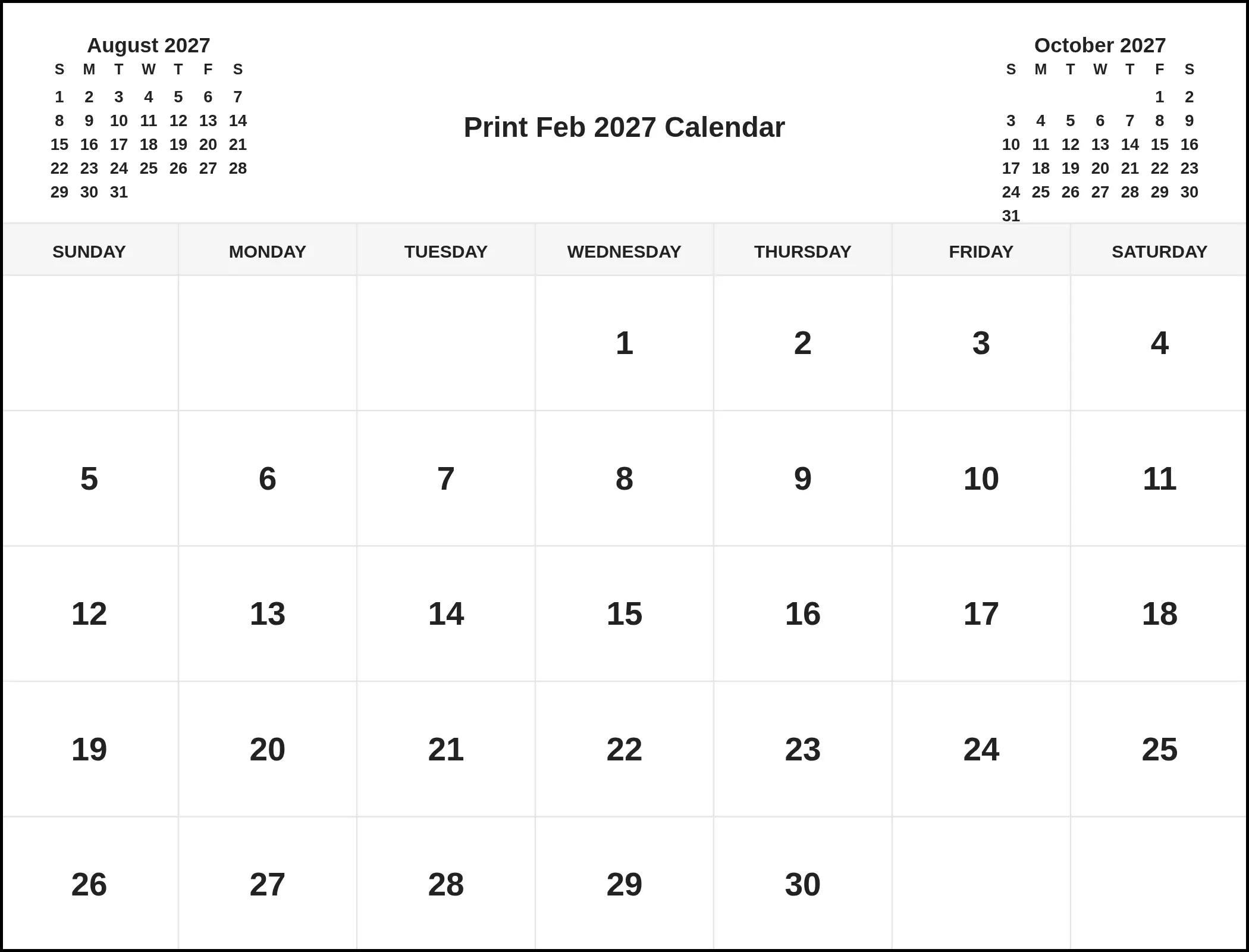 Print Feb 2027 Calendar With Three Month View Print Feb 2027 Calendar With Three Month View