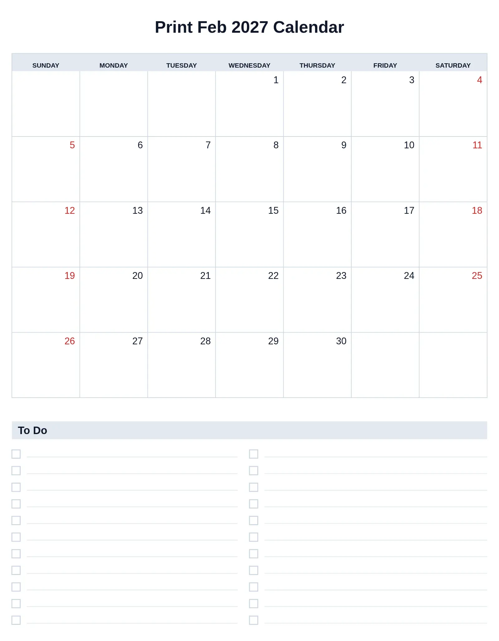 Print Feb 2027 Calendar With To Do List Bottom Portrait Print Feb 2027 Calendar With To Do List Bottom Portrait