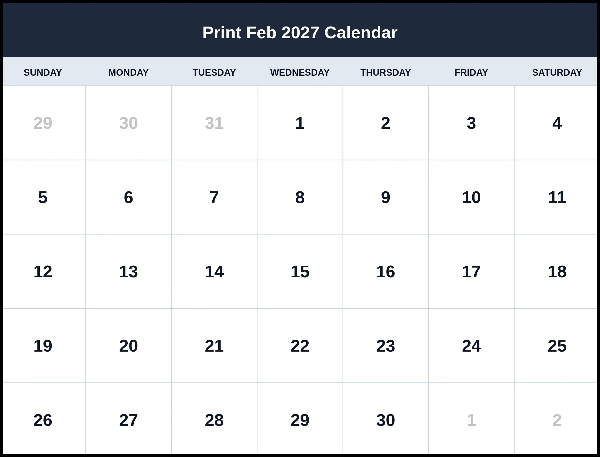 Print Feb 2027 Calendar