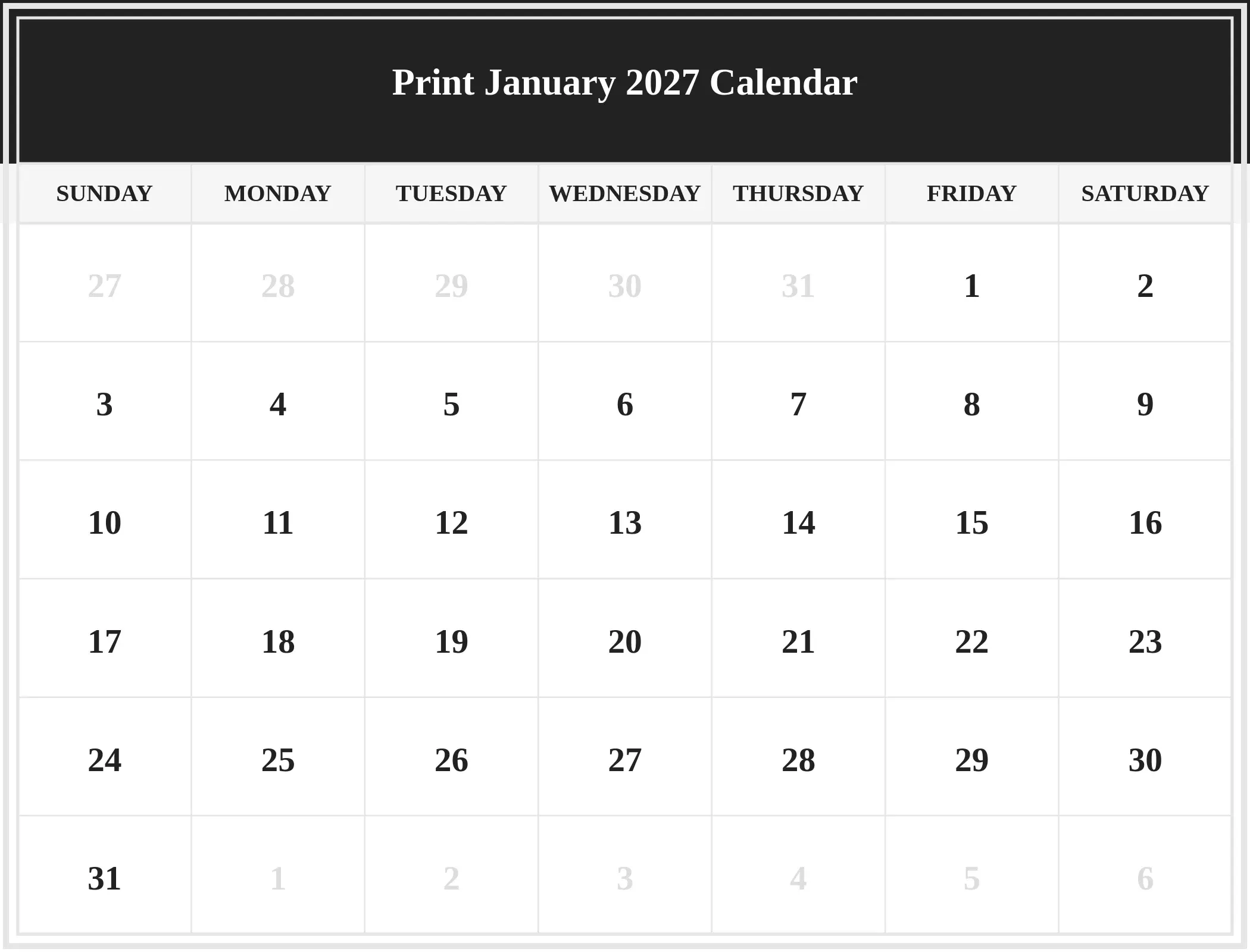 Print January 2027 Calendar Download Landscape Print January 2027 Calendar Download Landscape