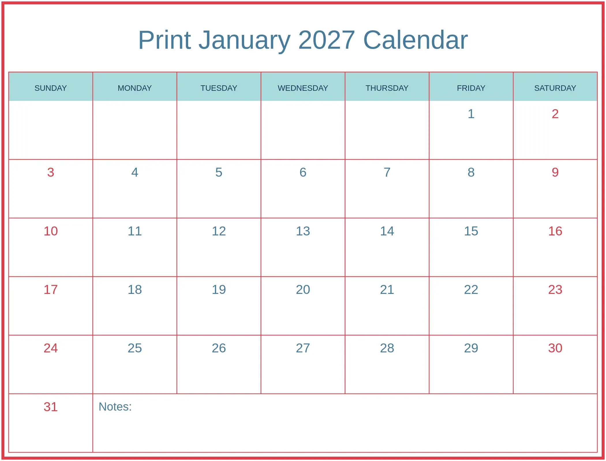 Print January 2027 Calendar with Notes Bottom Landscape