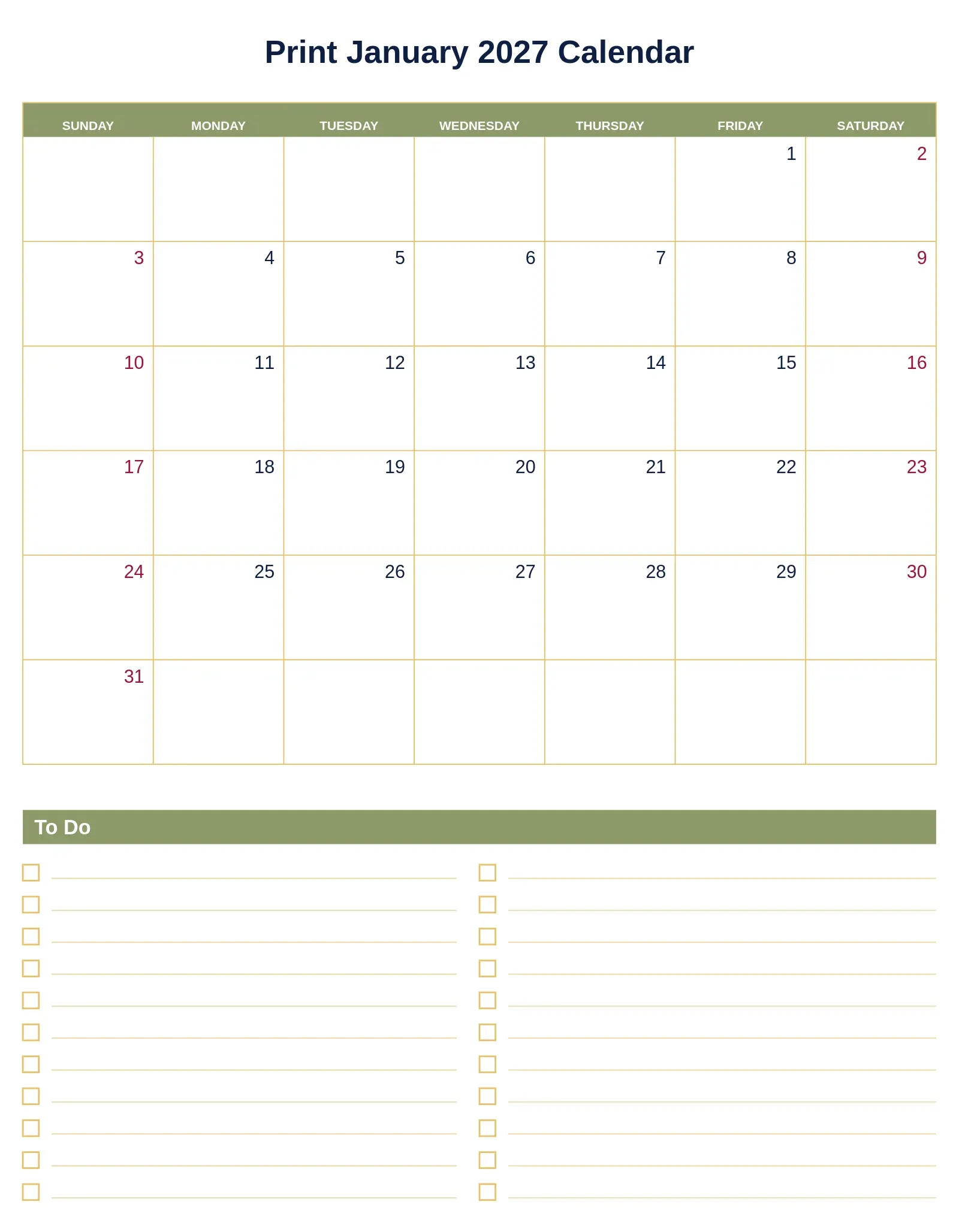 Print January 2027 Calendar With To Do List Bottom Portrait Print January 2027 Calendar With To Do List Bottom Portrait