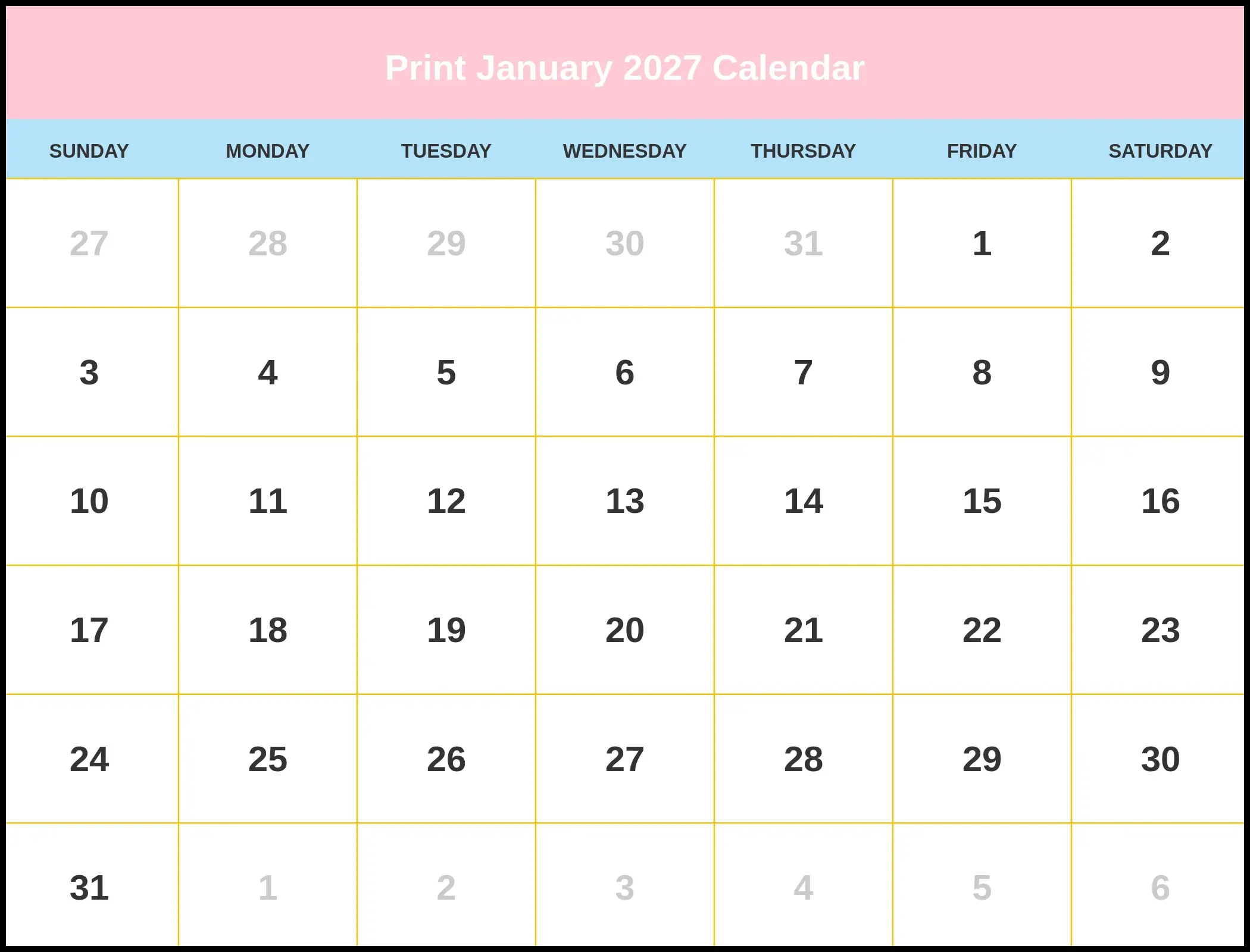 Print January 2027 Calendar