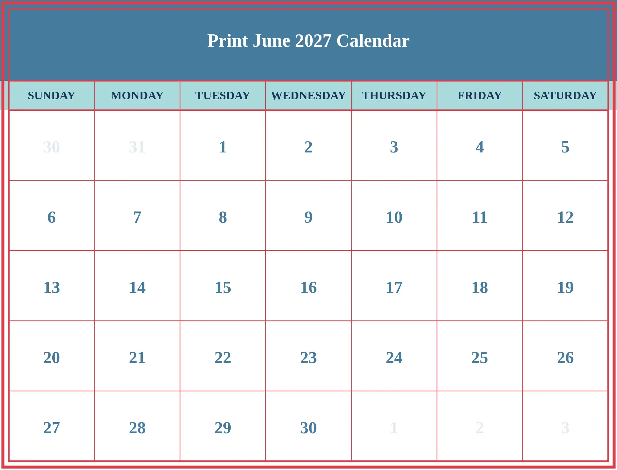 Print June 2027 Calendar Download Landscape