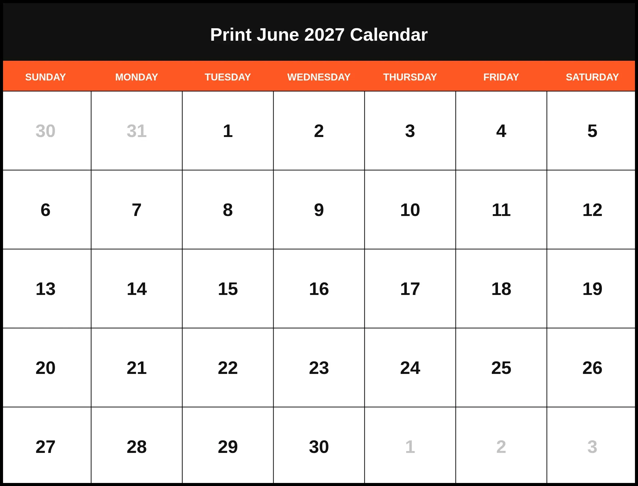 Print June 2027 Calendar Pdf Print June 2027 Calendar Pdf