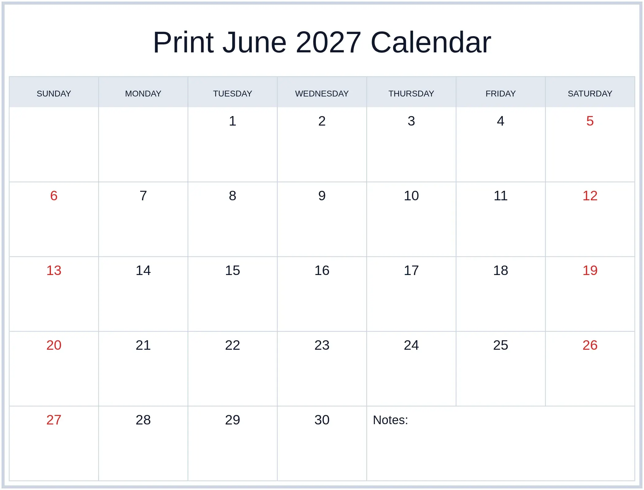 Print June 2027 Calendar with Notes Bottom Landscape