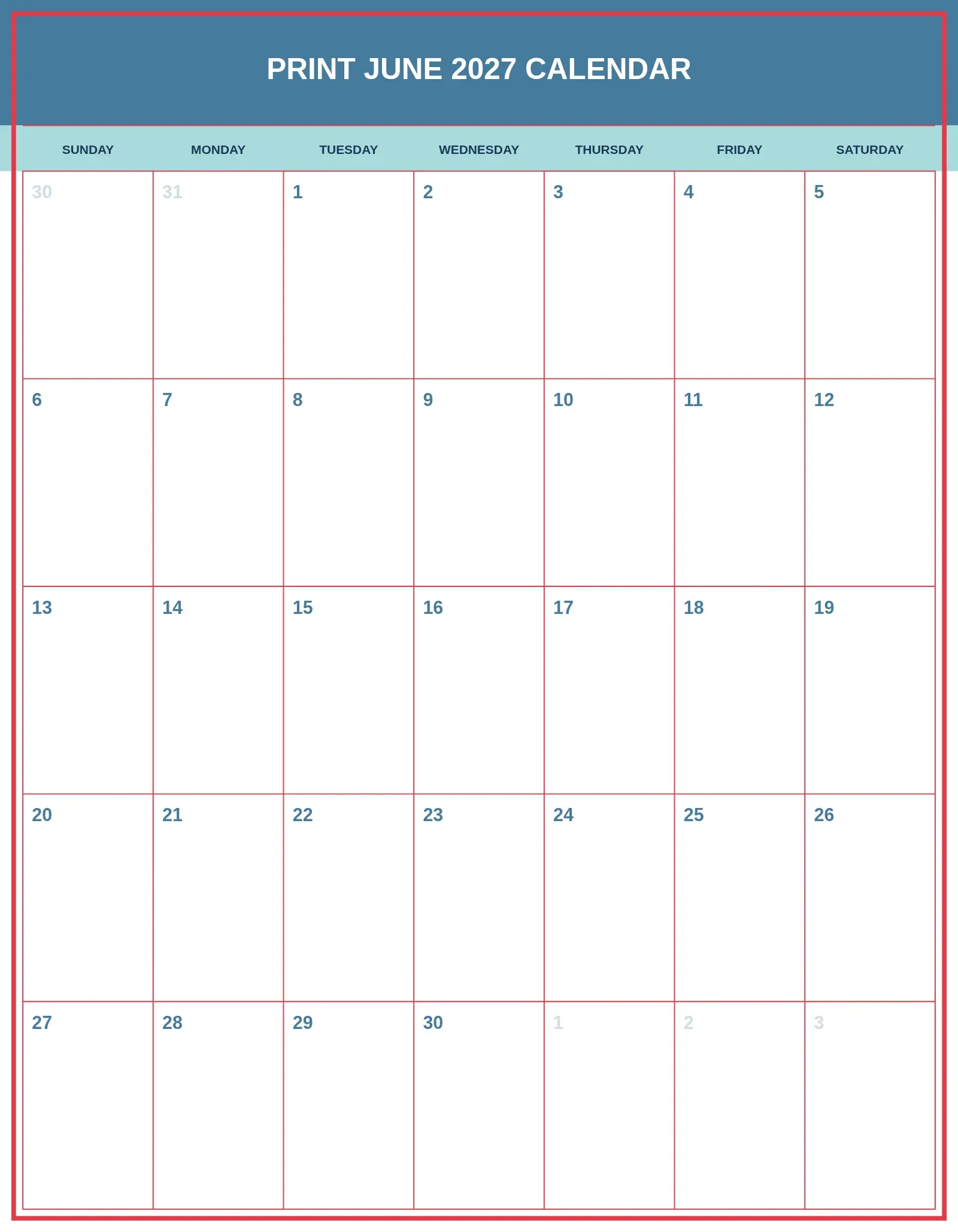 Print June 2027 Calendar With Portrait Template