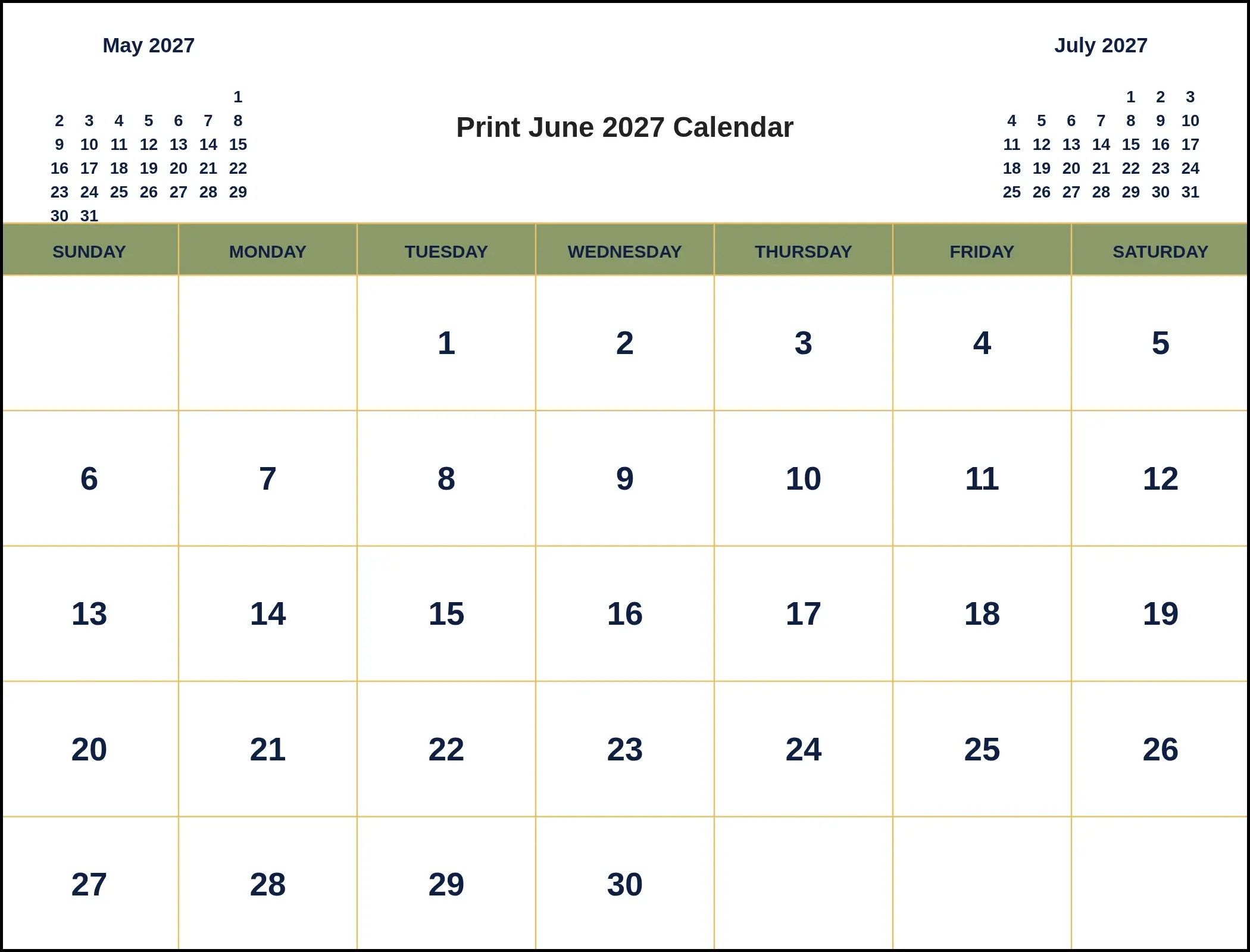 Print June 2027 Calendar With Three Month View Print June 2027 Calendar With Three Month View