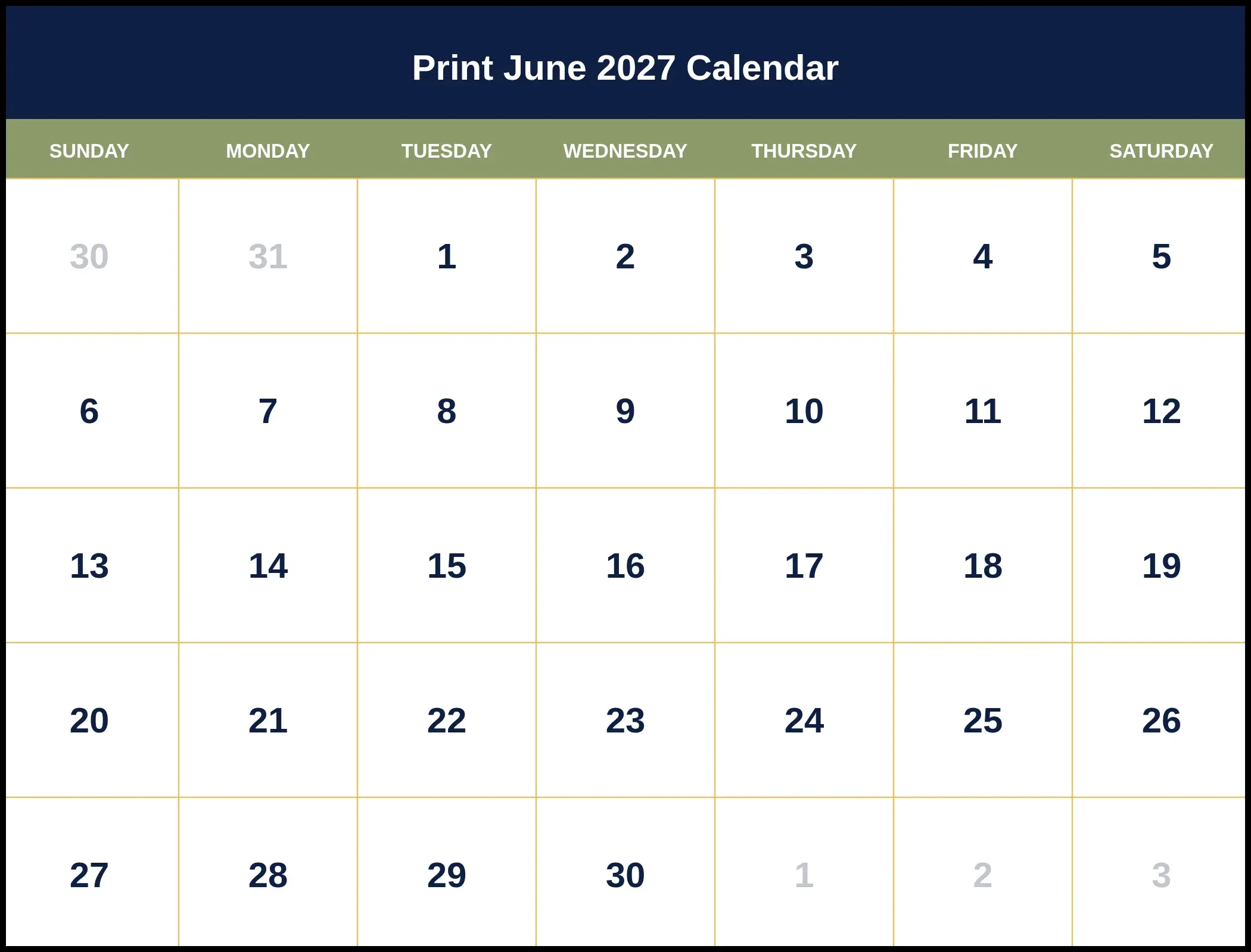 Print June 2027 Calendar Print June 2027 Calendar