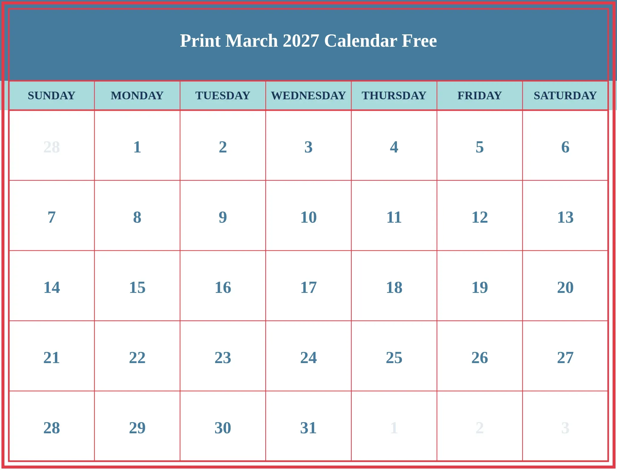Print March 2027 Calendar Free Download Landscape