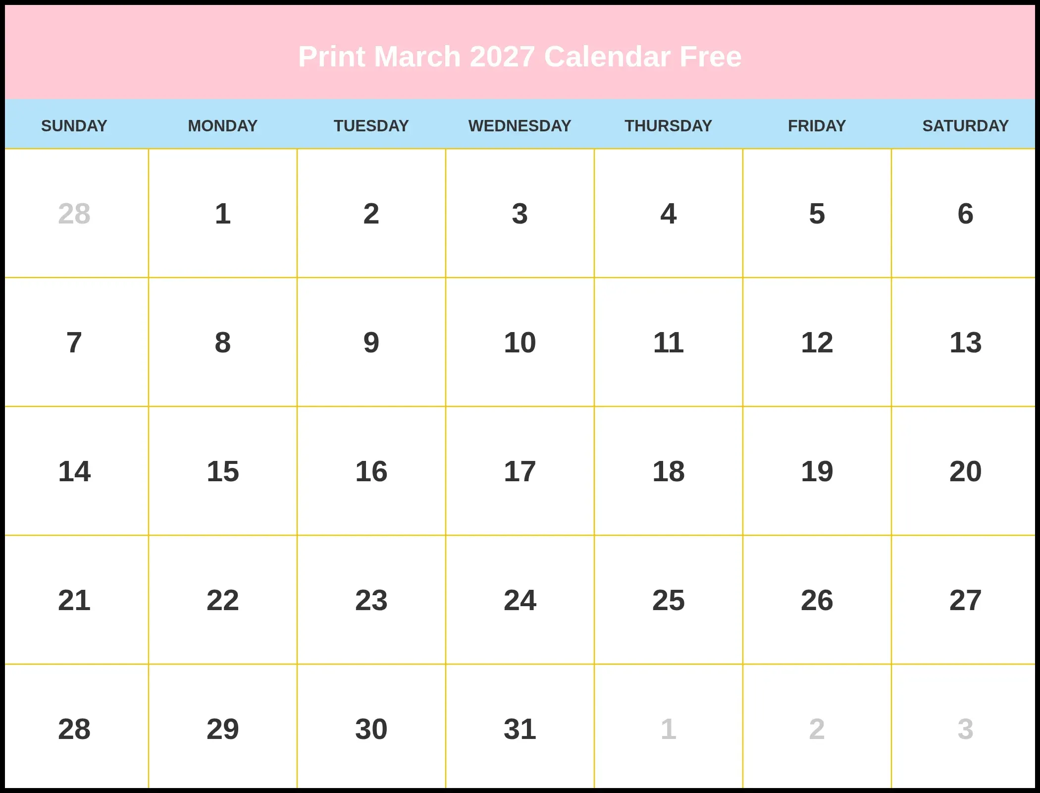 Print March 2027 Calendar Free Pdf Print March 2027 Calendar Free Pdf