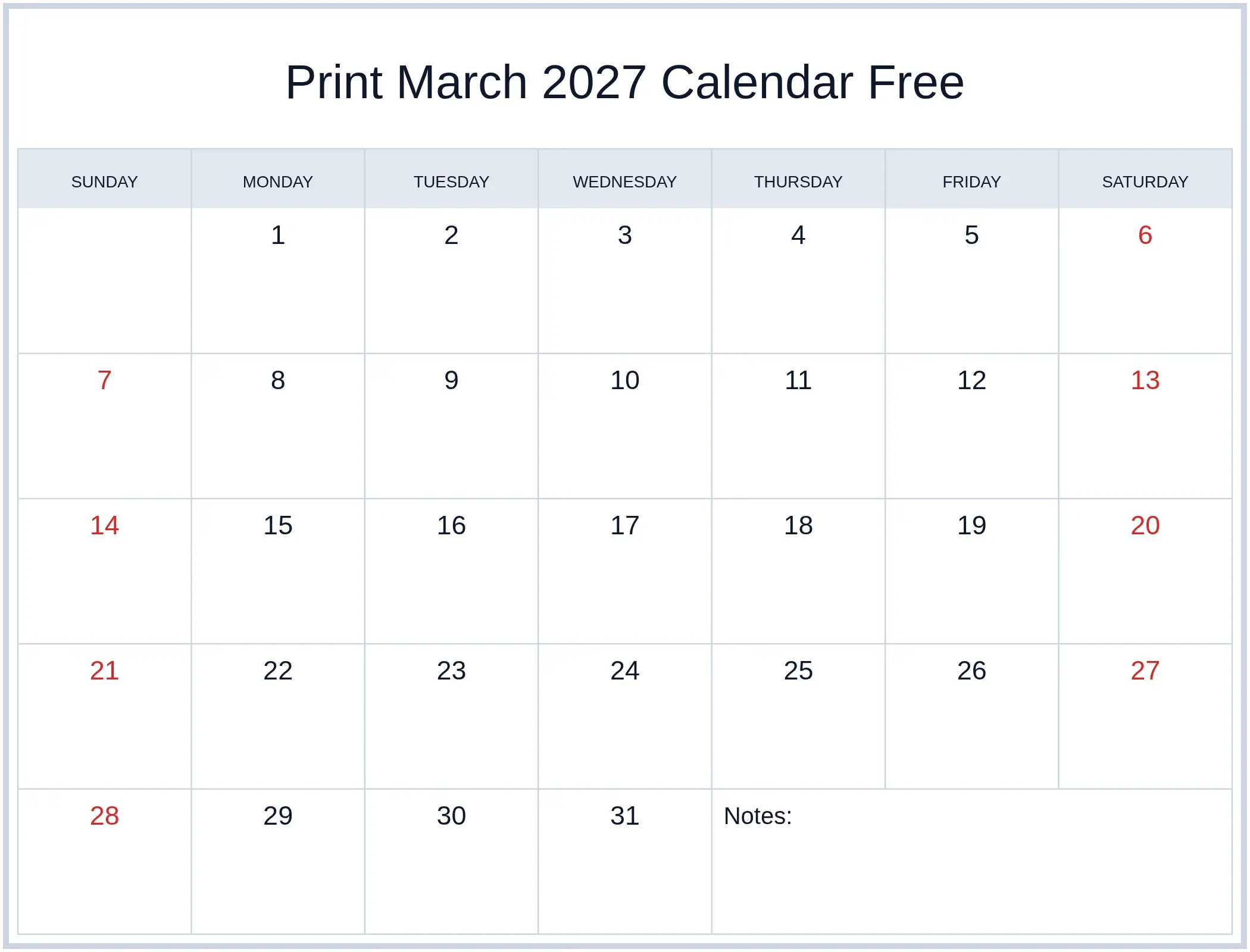 Print March 2027 Calendar Free with Notes Bottom Landscape
