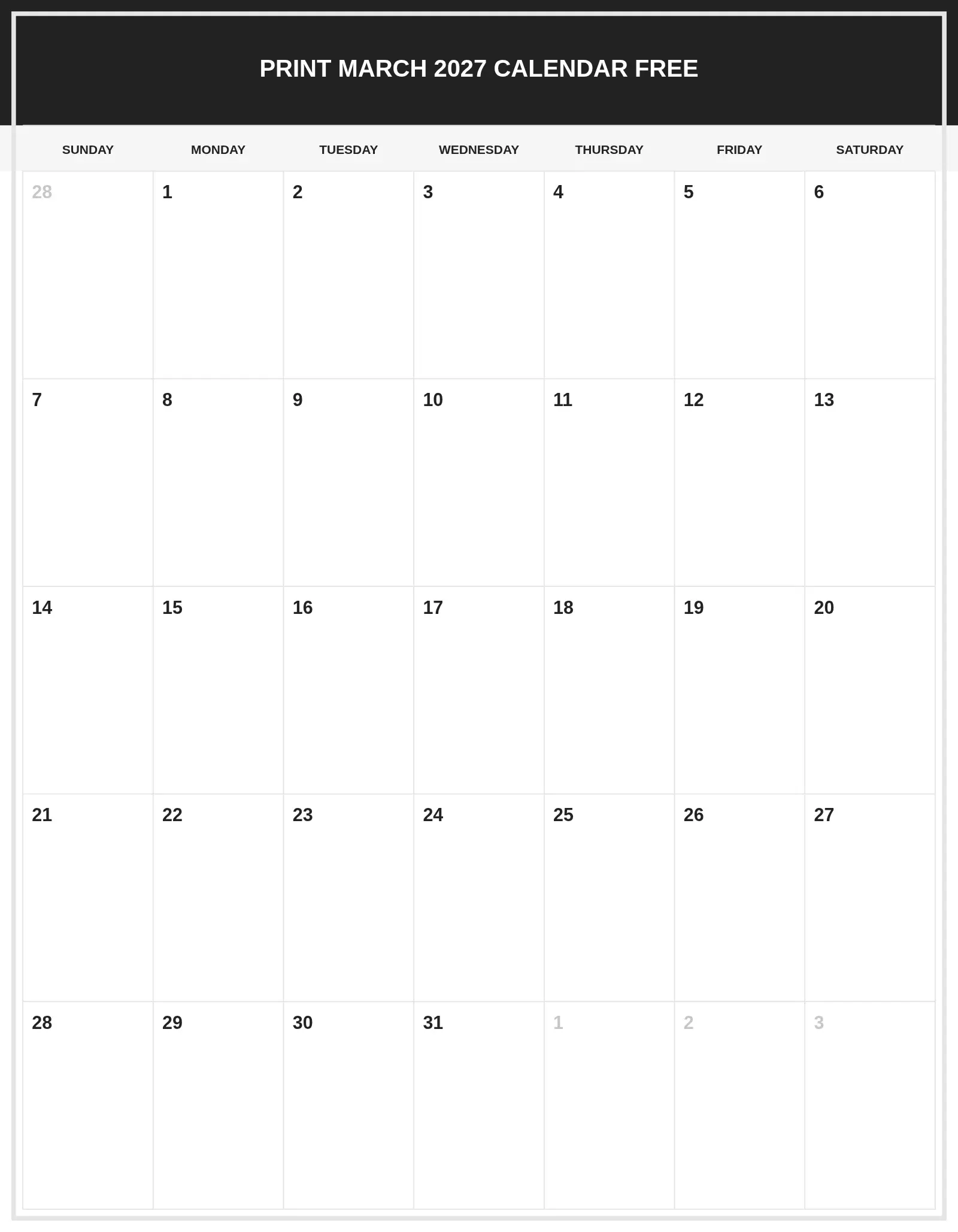 Print March 2027 Calendar Free With Portrait Template