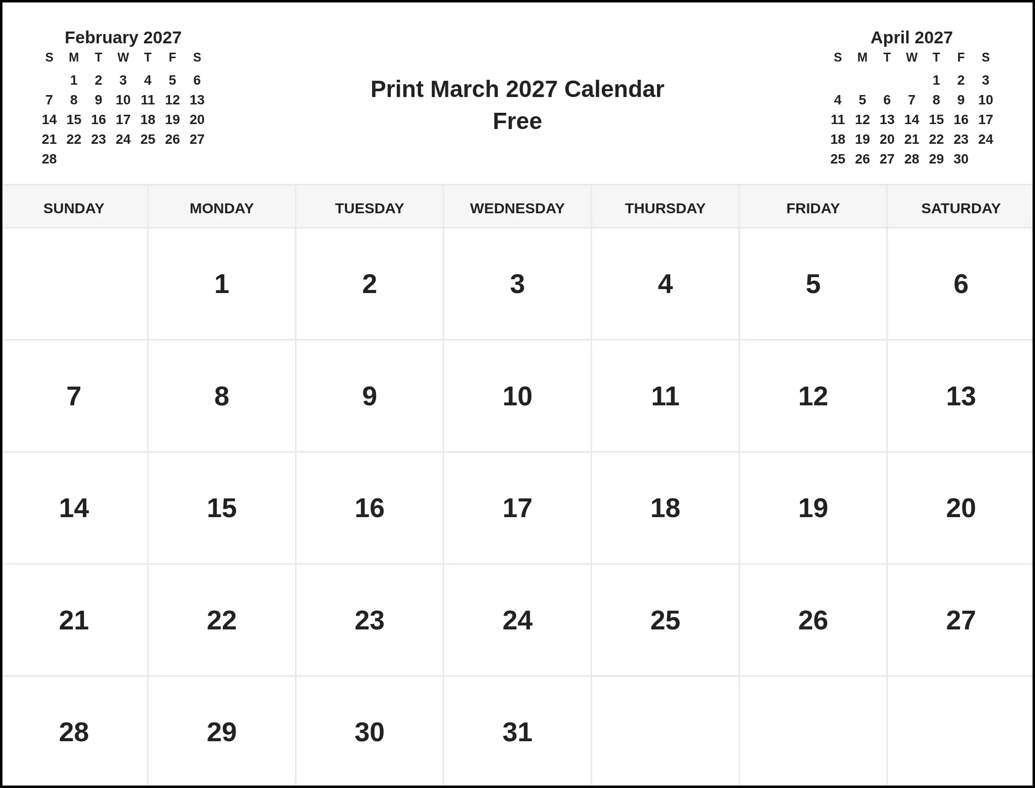 Print March 2027 Calendar Free With Three Month View Print March 2027 Calendar Free With Three Month View