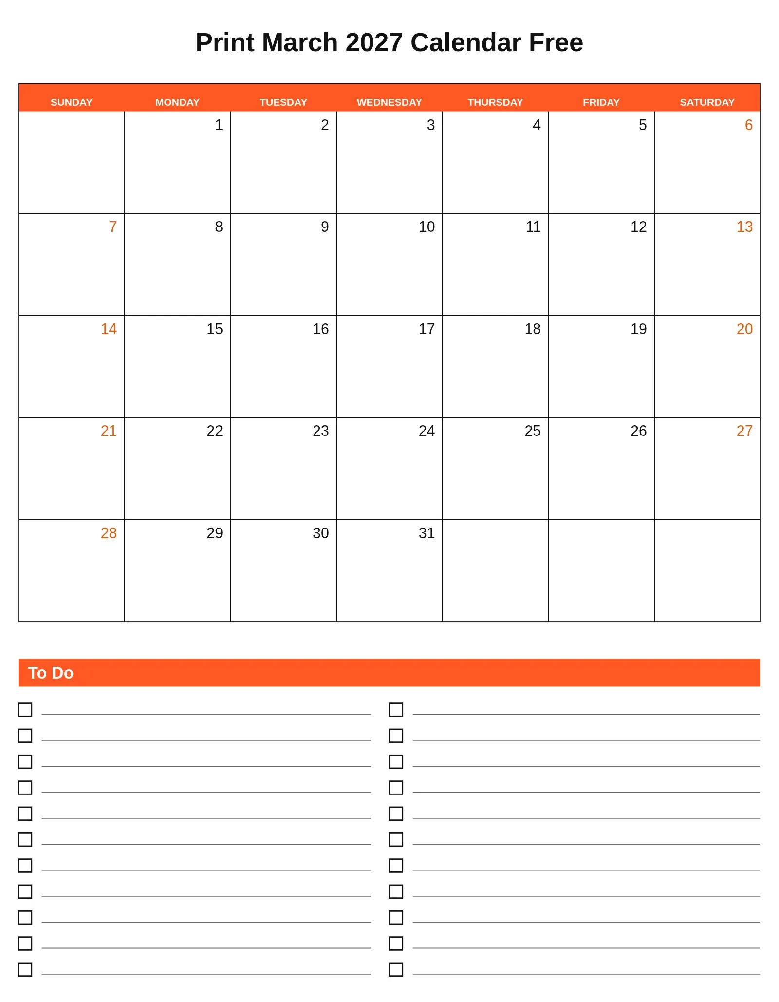 Print March 2027 Calendar Free With To Do List Bottom Portrait