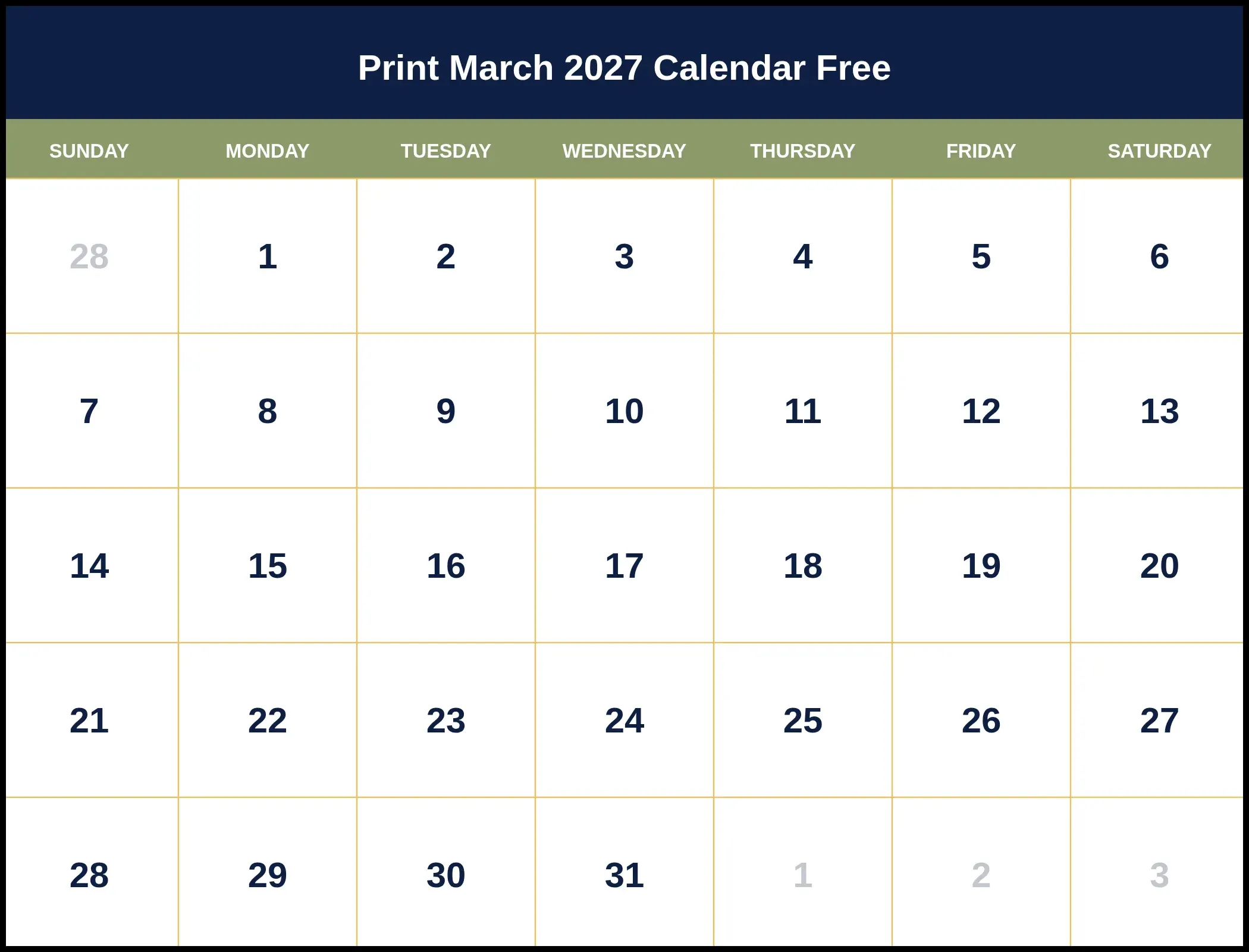 Print March 2027 Calendar Free