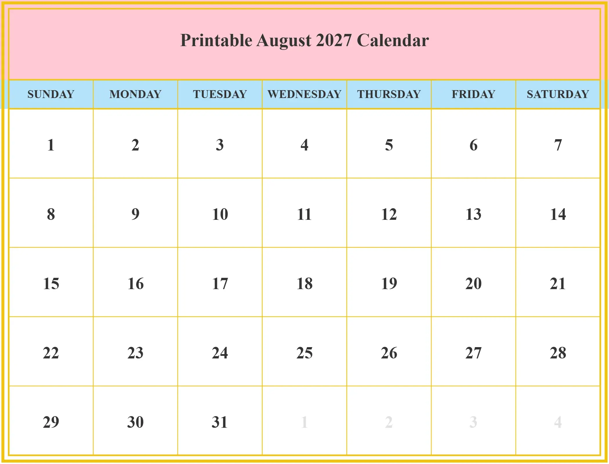 Printable August 2027 Calendar Download Landscape Printable August 2027 Calendar Download Landscape