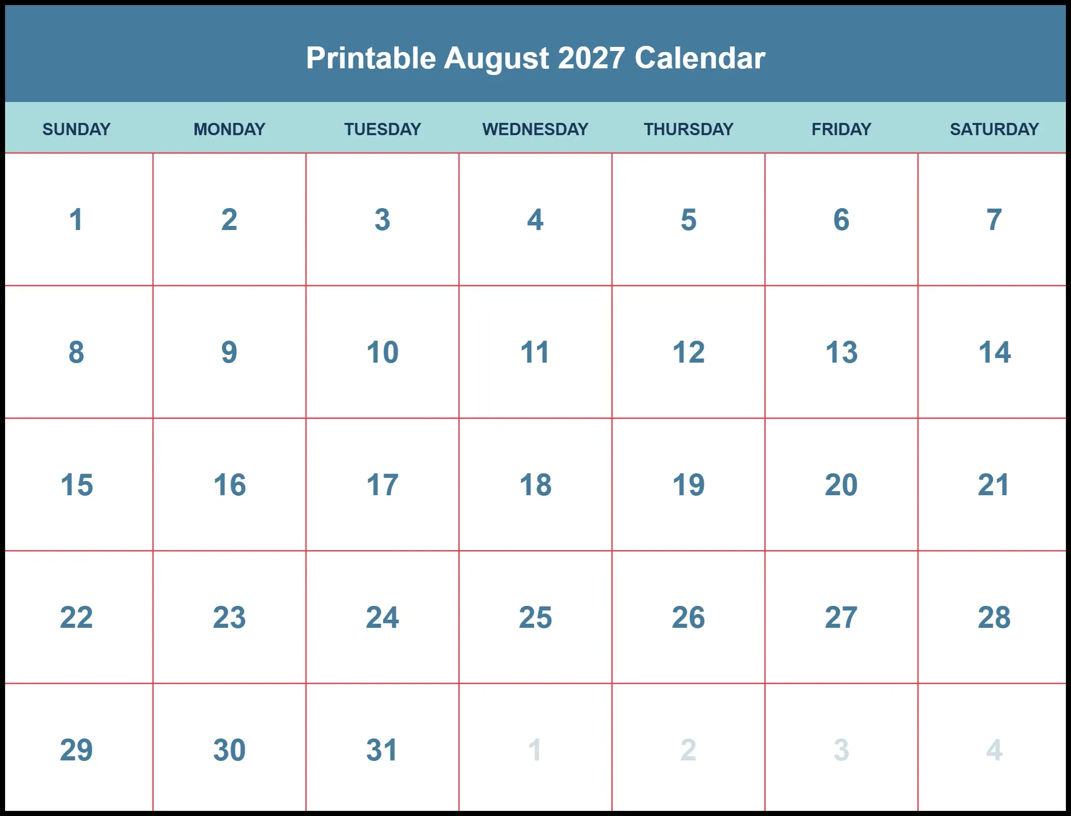 Printable August 2027 Calendar Pdf
