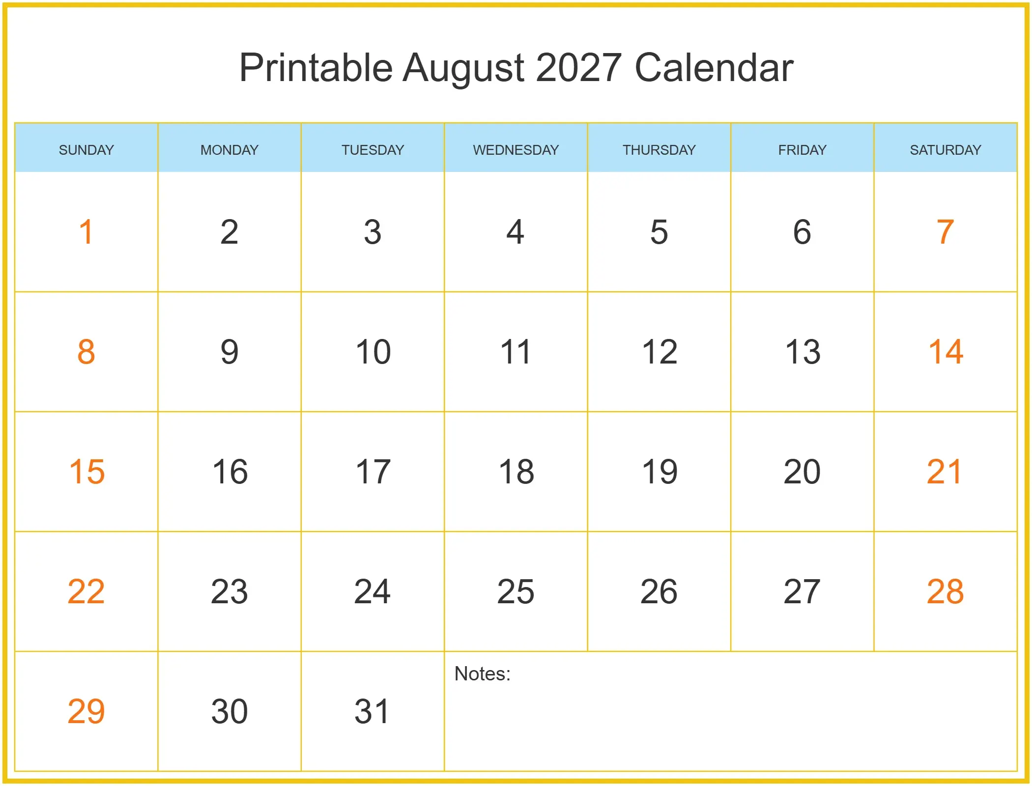 Printable August 2027 Calendar with Notes Bottom Landscape