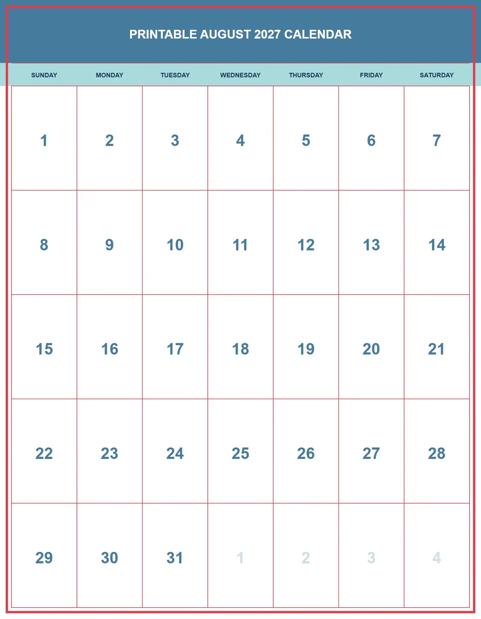 Printable August 2027 Calendar With Portrait Template
