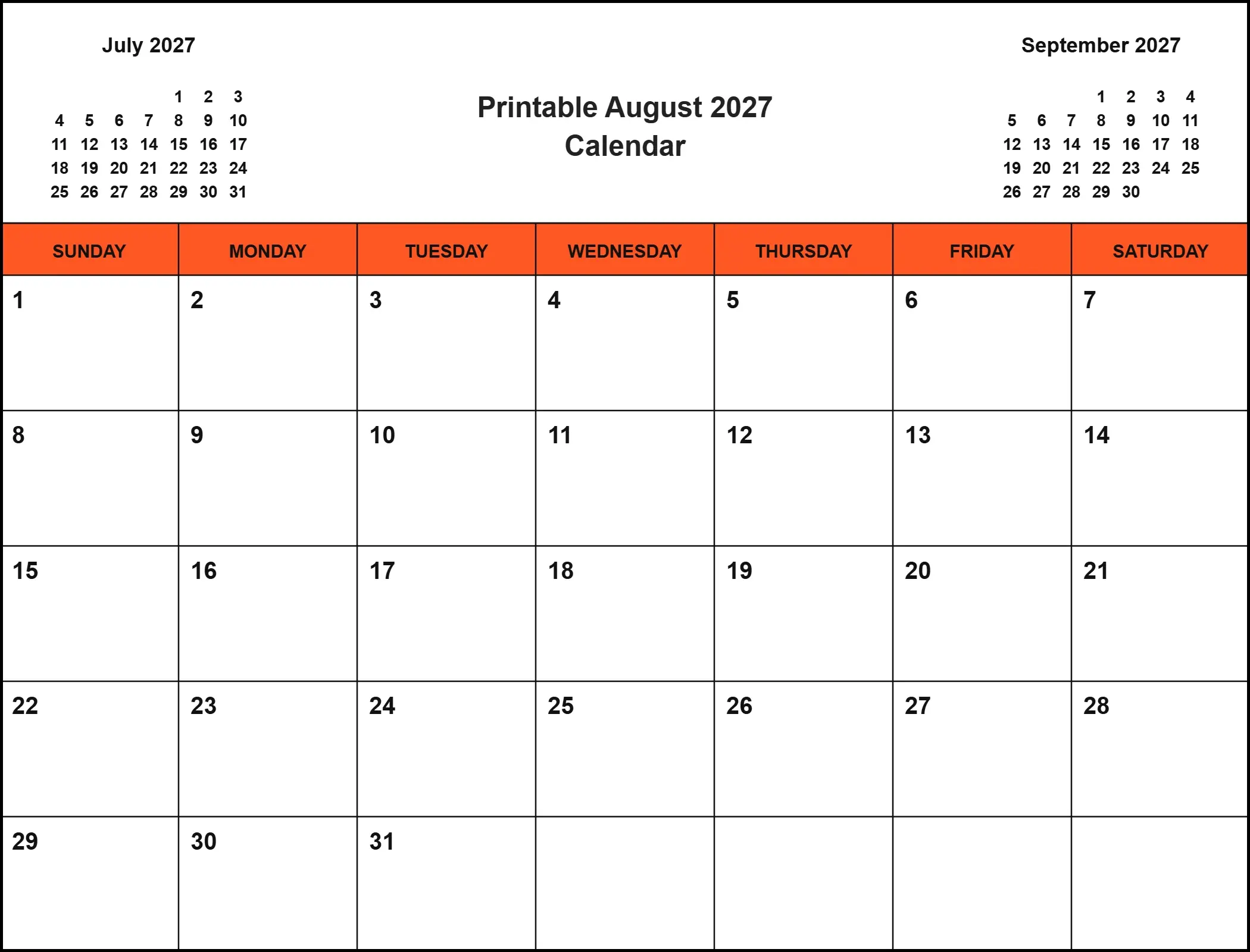 Printable August 2027 Calendar With Three Month View Printable August 2027 Calendar With Three Month View