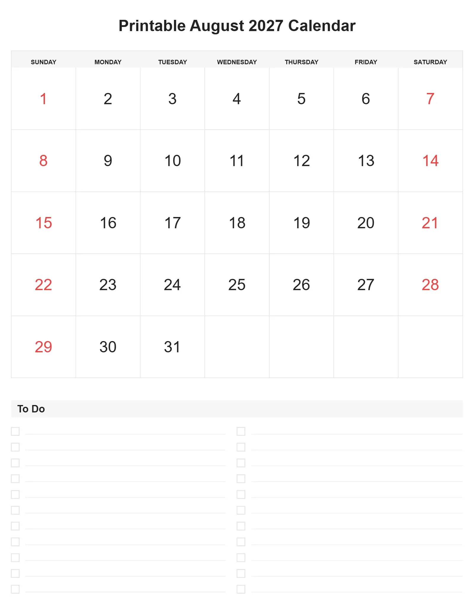 Printable August 2027 Calendar With To Do List Bottom Portrait