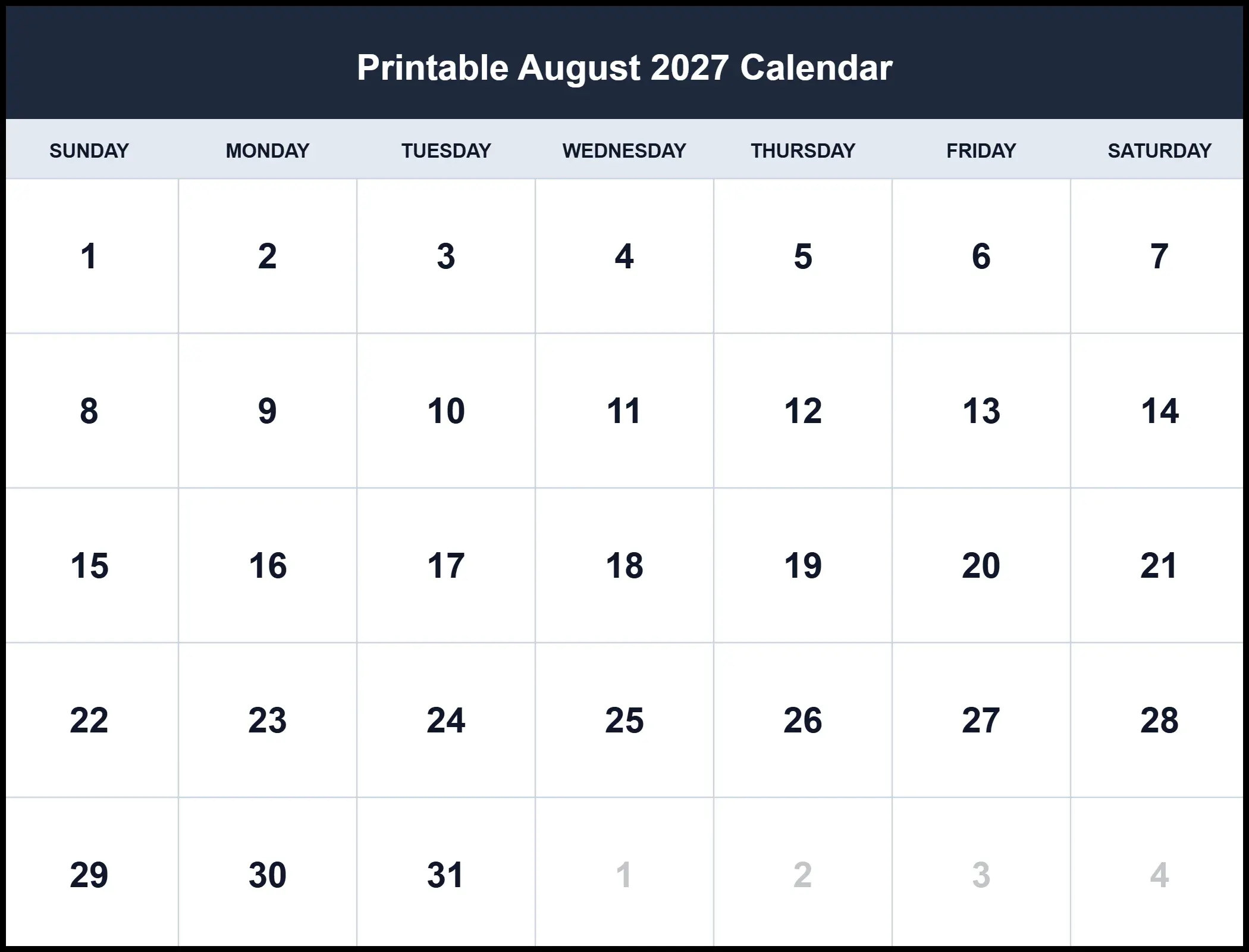 Printable August 2027 Calendar Printable August 2027 Calendar