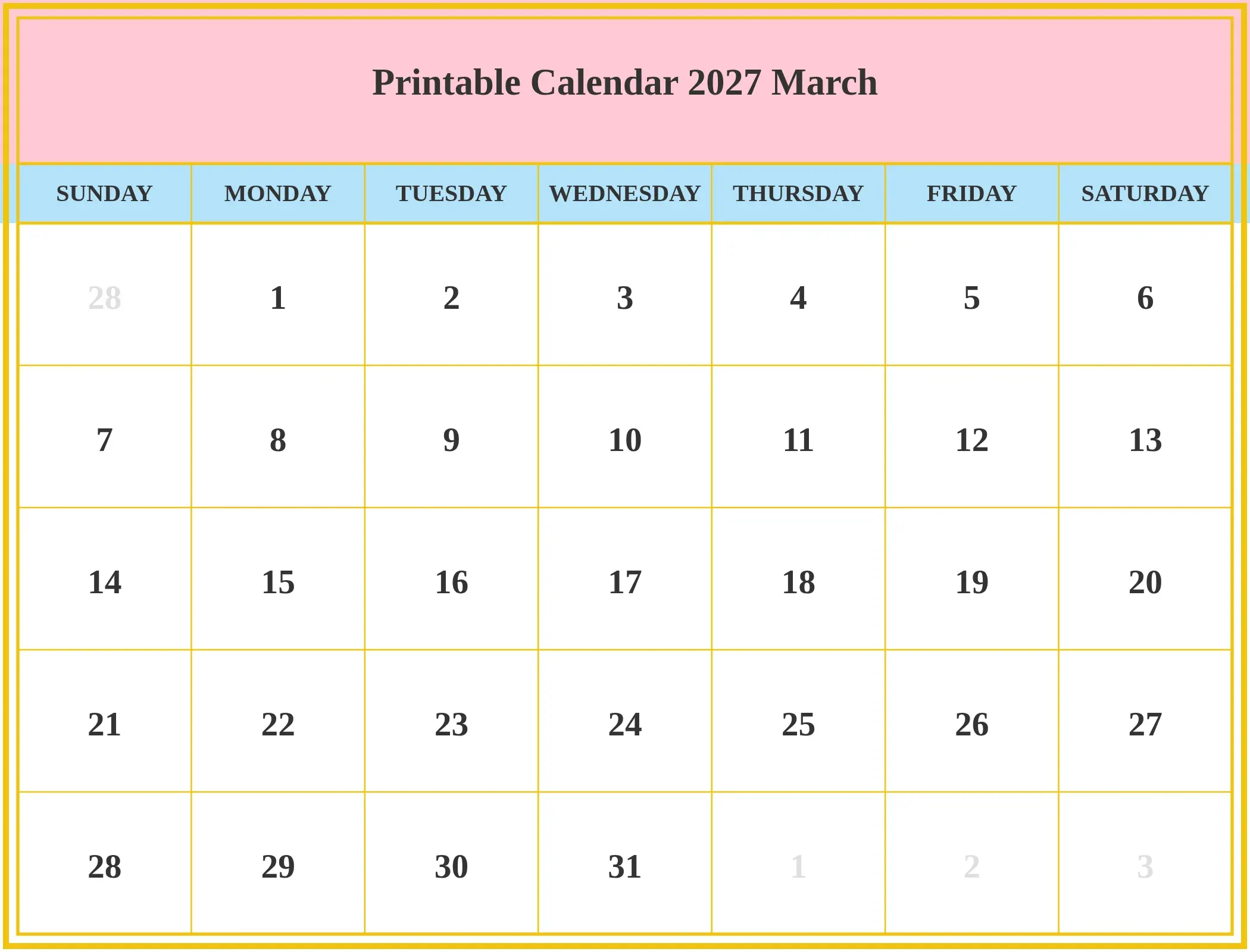 Printable Calendar 2027 March Download Landscape