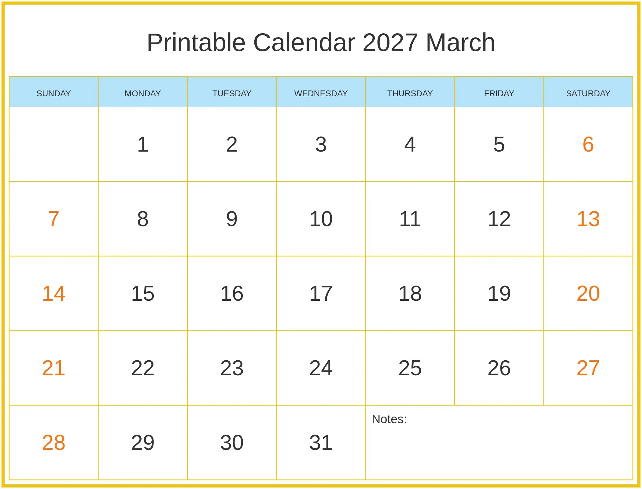 Printable Calendar 2027 March with Notes Bottom Landscape
