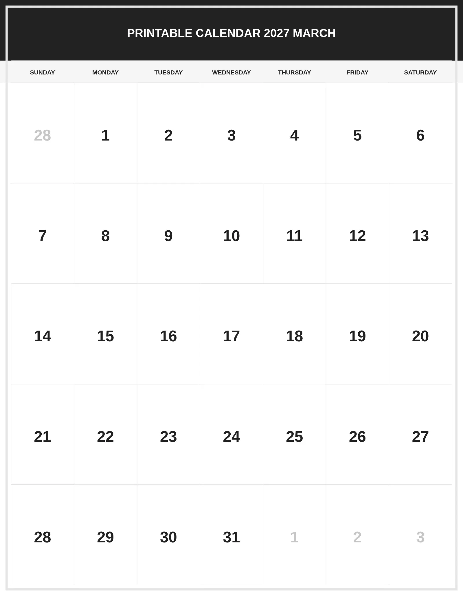 Printable Calendar 2027 March With Portrait Template