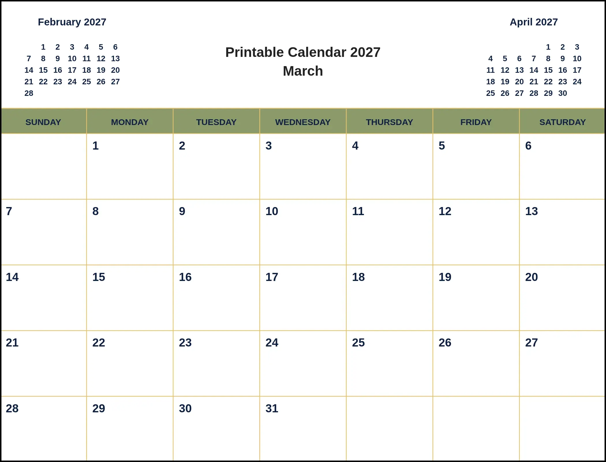 Printable Calendar 2027 March With Three Month View