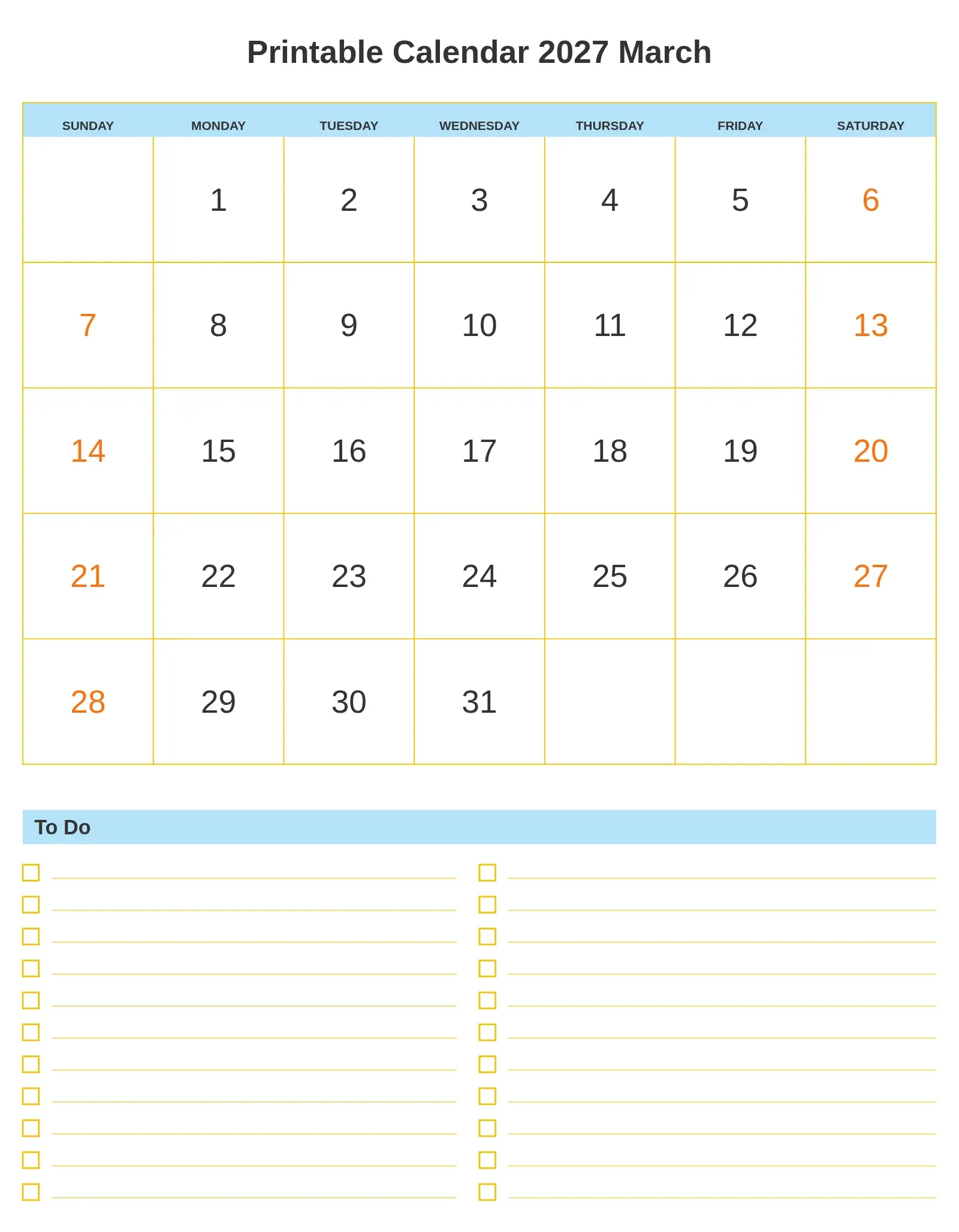 Printable Calendar 2027 March With To Do List Bottom Portrait Printable Calendar 2027 March With To Do List Bottom Portrait