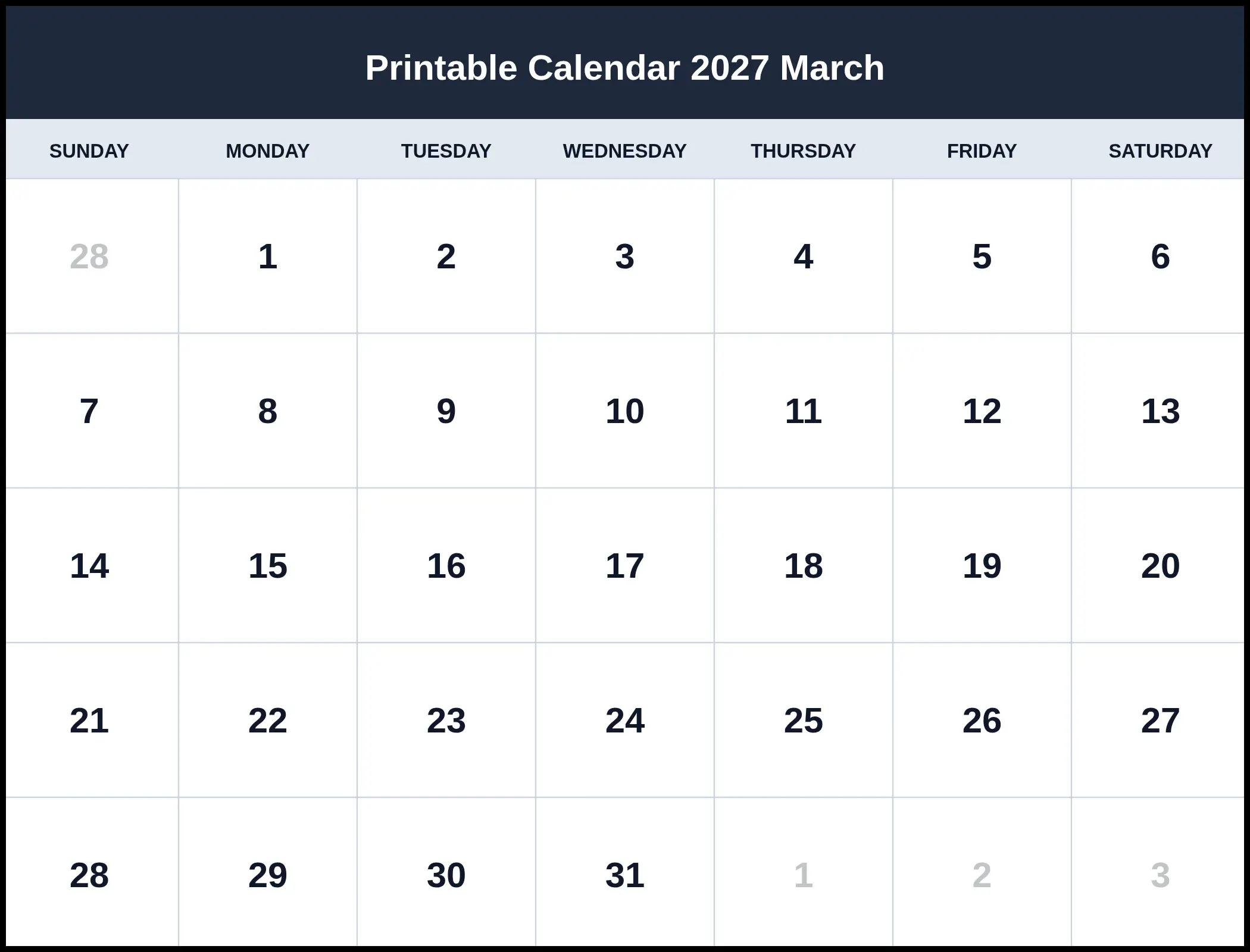 Printable Calendar 2027 March Printable Calendar 2027 March