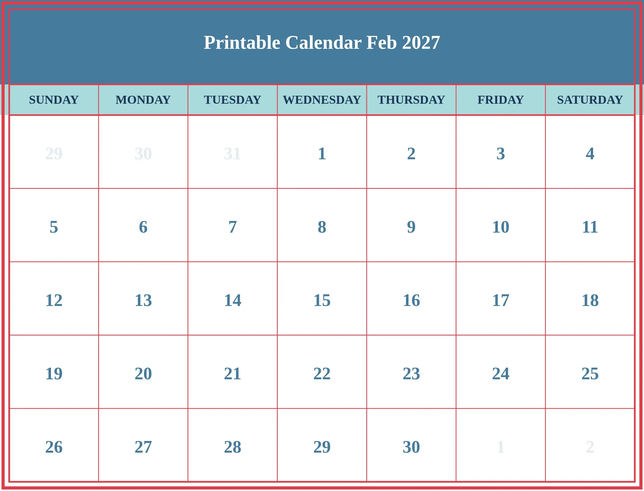 Printable Calendar Feb 2027 Download Landscape