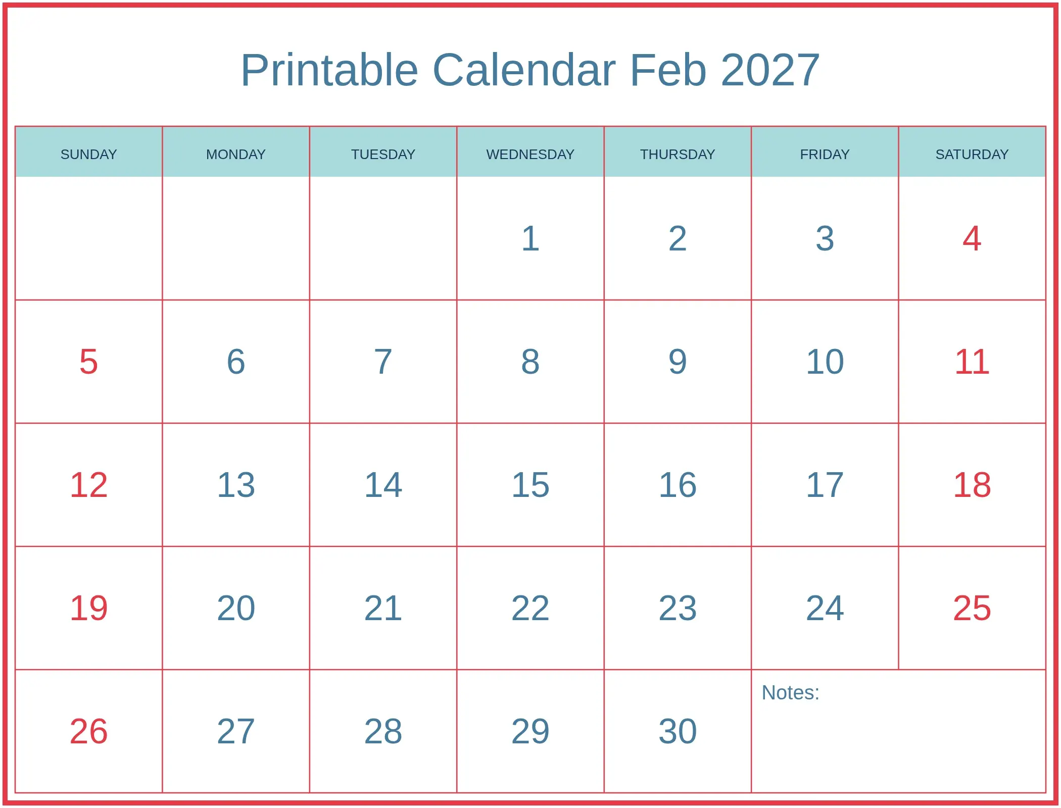Printable Calendar Feb 2027 with Notes Bottom Landscape Printable Calendar Feb 2027 with Notes Bottom Landscape