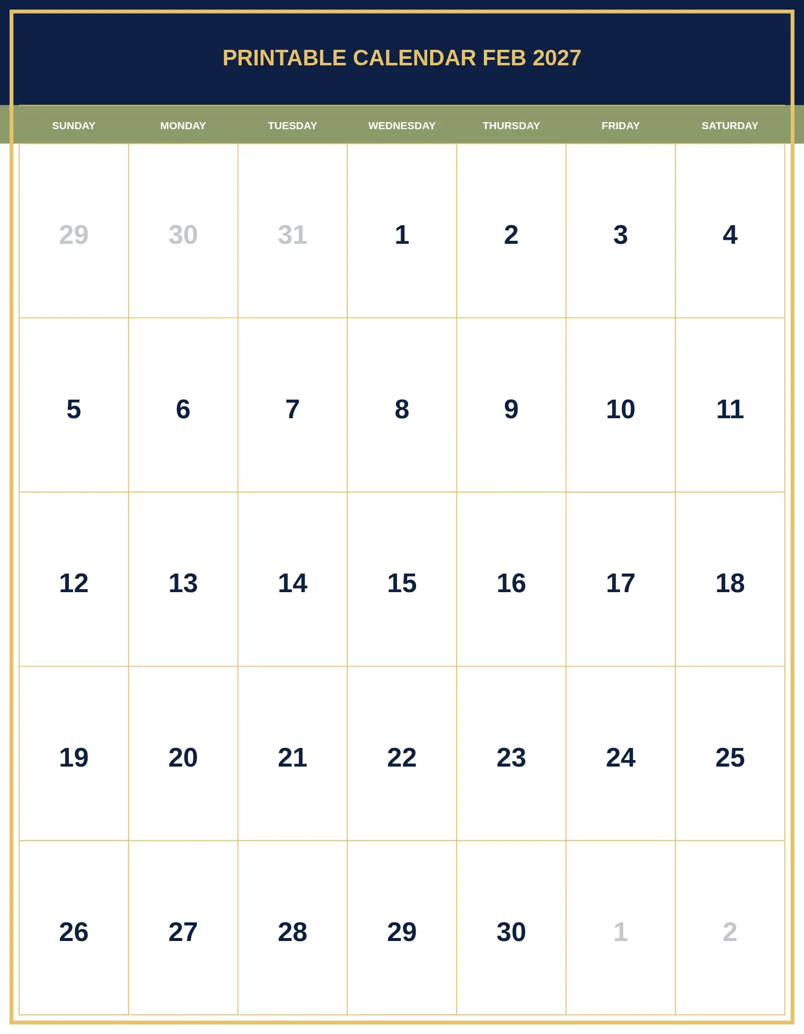 Printable Calendar Feb 2027 With Portrait Template Printable Calendar Feb 2027 With Portrait Template