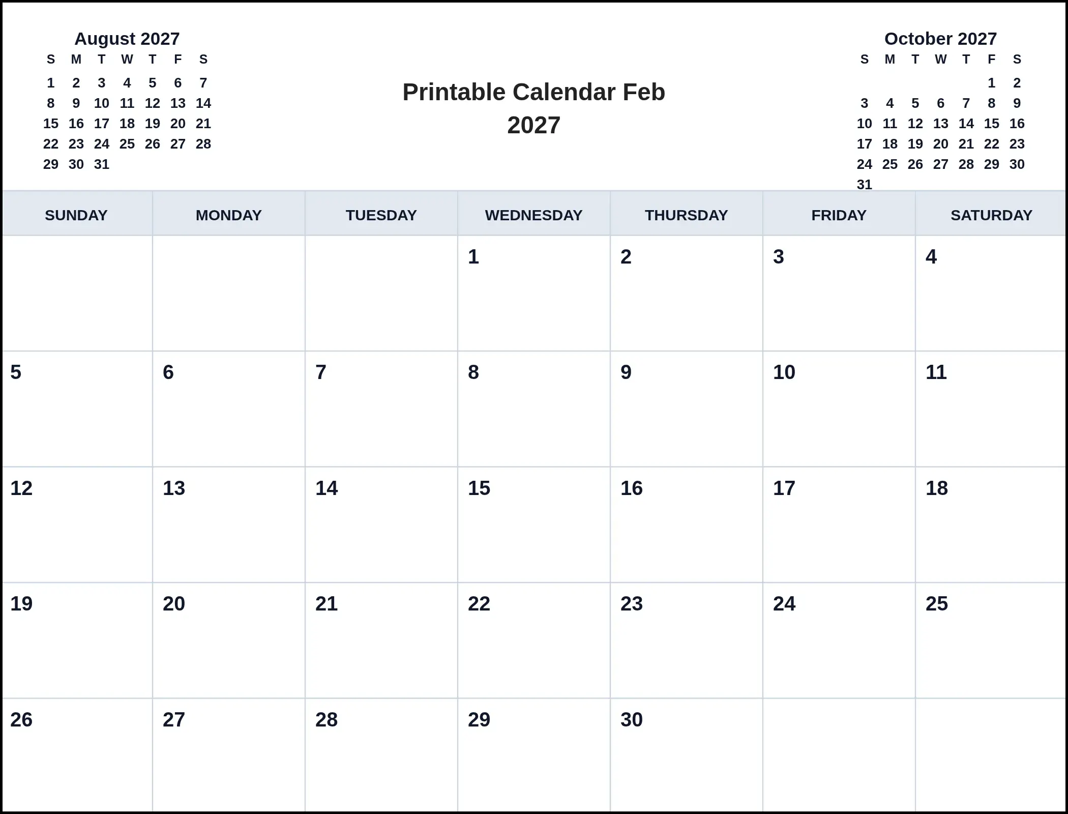 Printable Calendar Feb 2027 With Three Month View Printable Calendar Feb 2027 With Three Month View