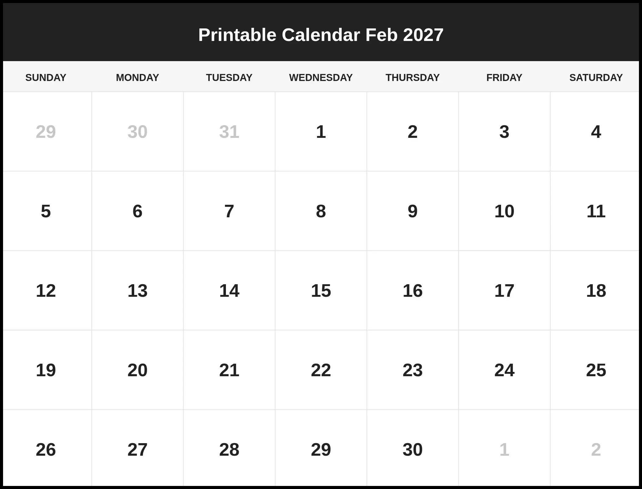 Printable Calendar Feb 2027 Printable Calendar Feb 2027