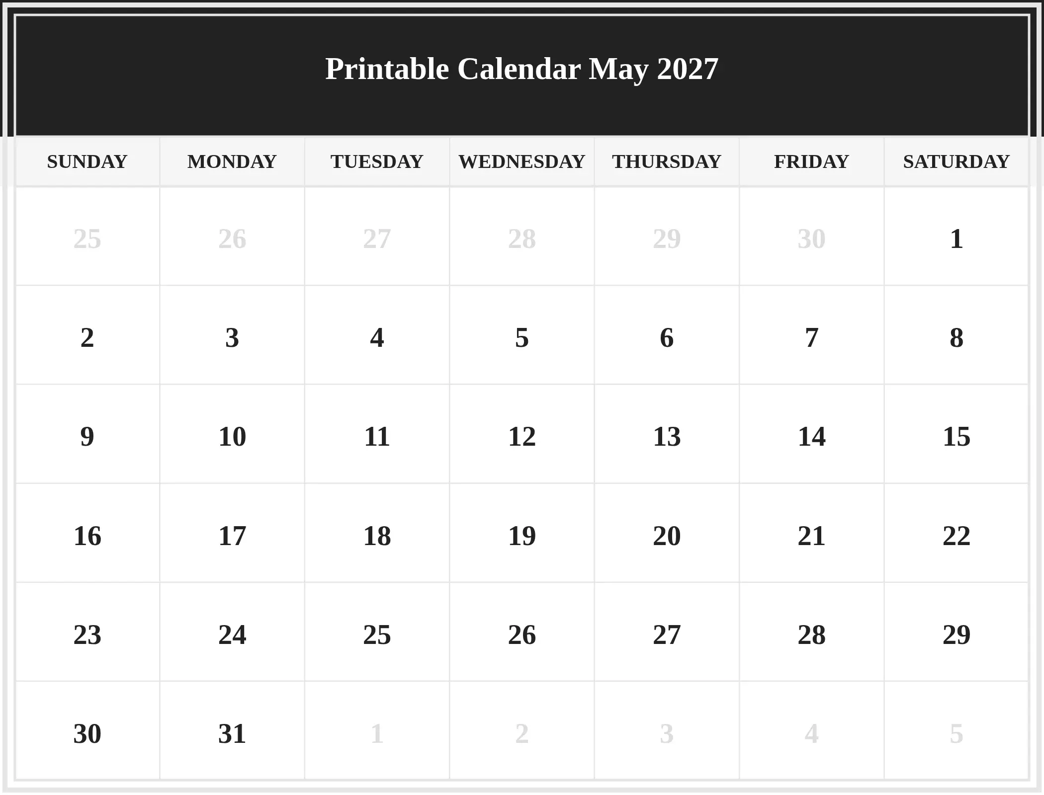 Printable Calendar May 2027 Download Landscape