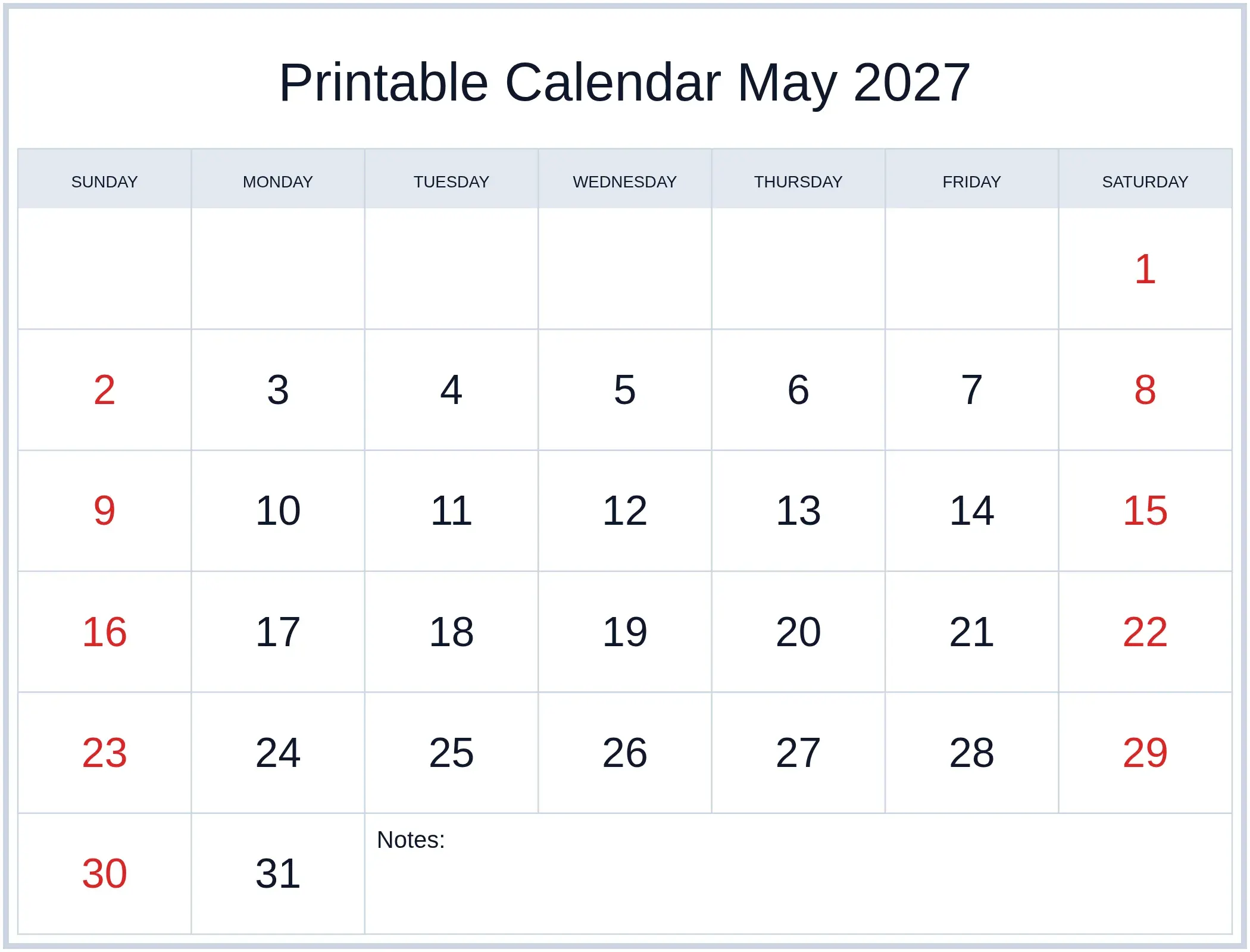 Printable Calendar May 2027 with Notes Bottom Landscape